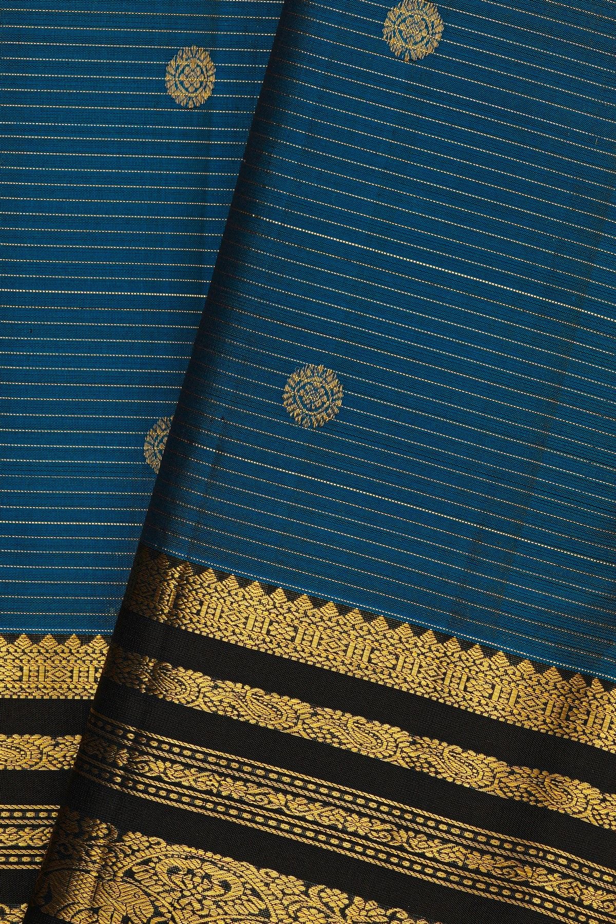 Kancheepuram Silk Royal Blue Saree With Zari Lines Florals And Peacocks Buttis Body