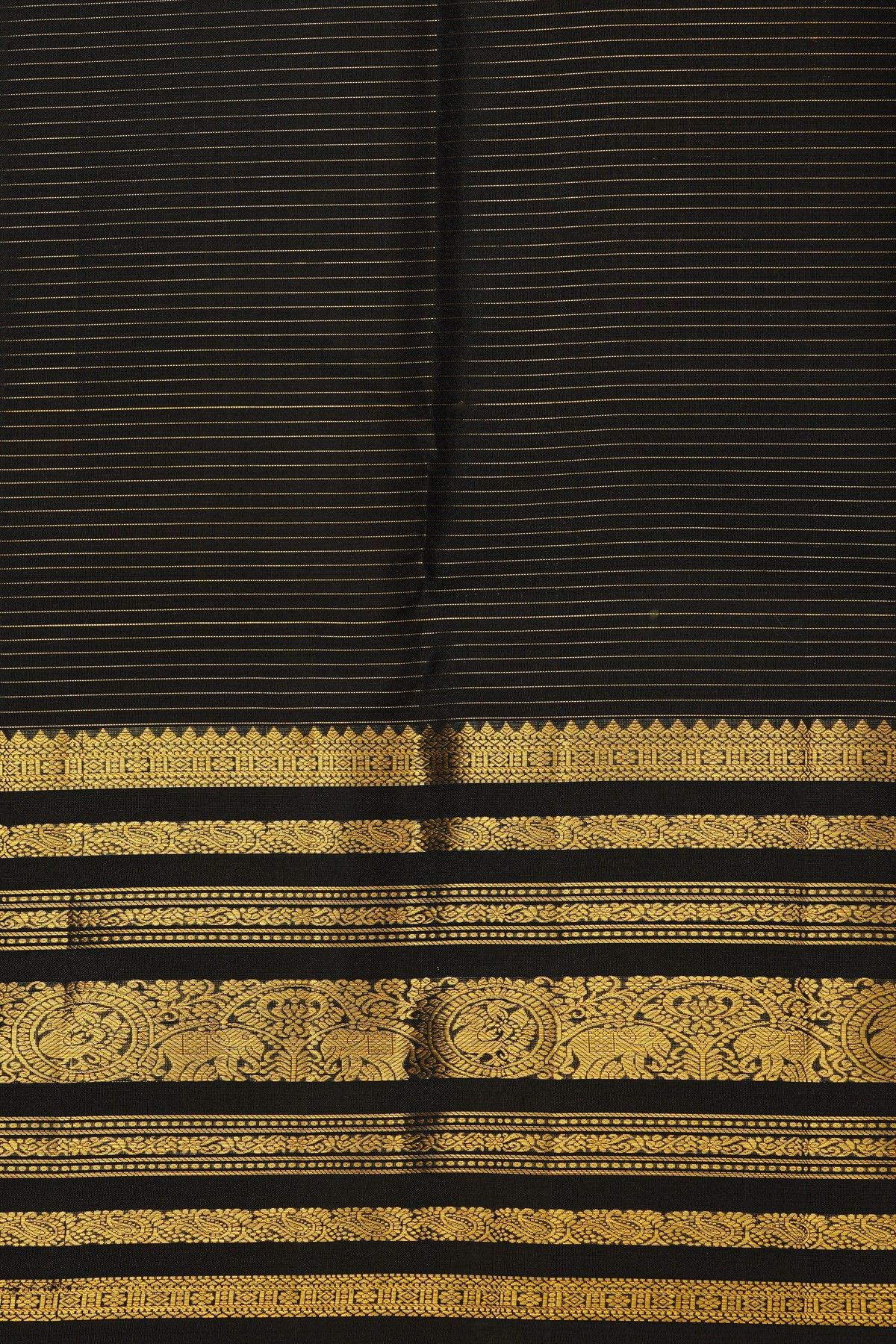 Kancheepuram Silk Royal Blue Saree With Zari Lines Florals And Peacocks Buttis Body