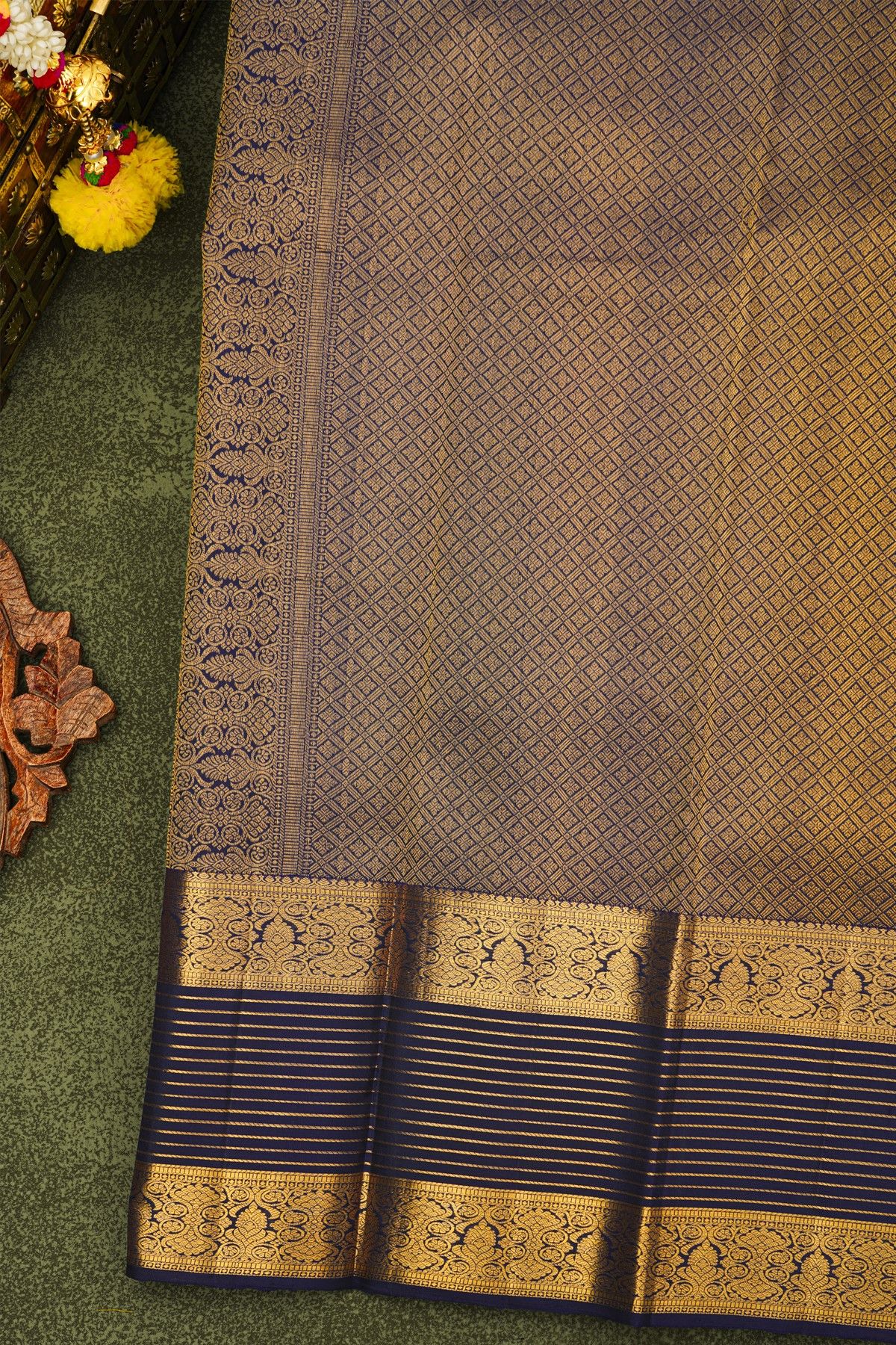 Kancheepuram Silk Purple Saree With Zari Lines Florals And Peacocks Buttis Body