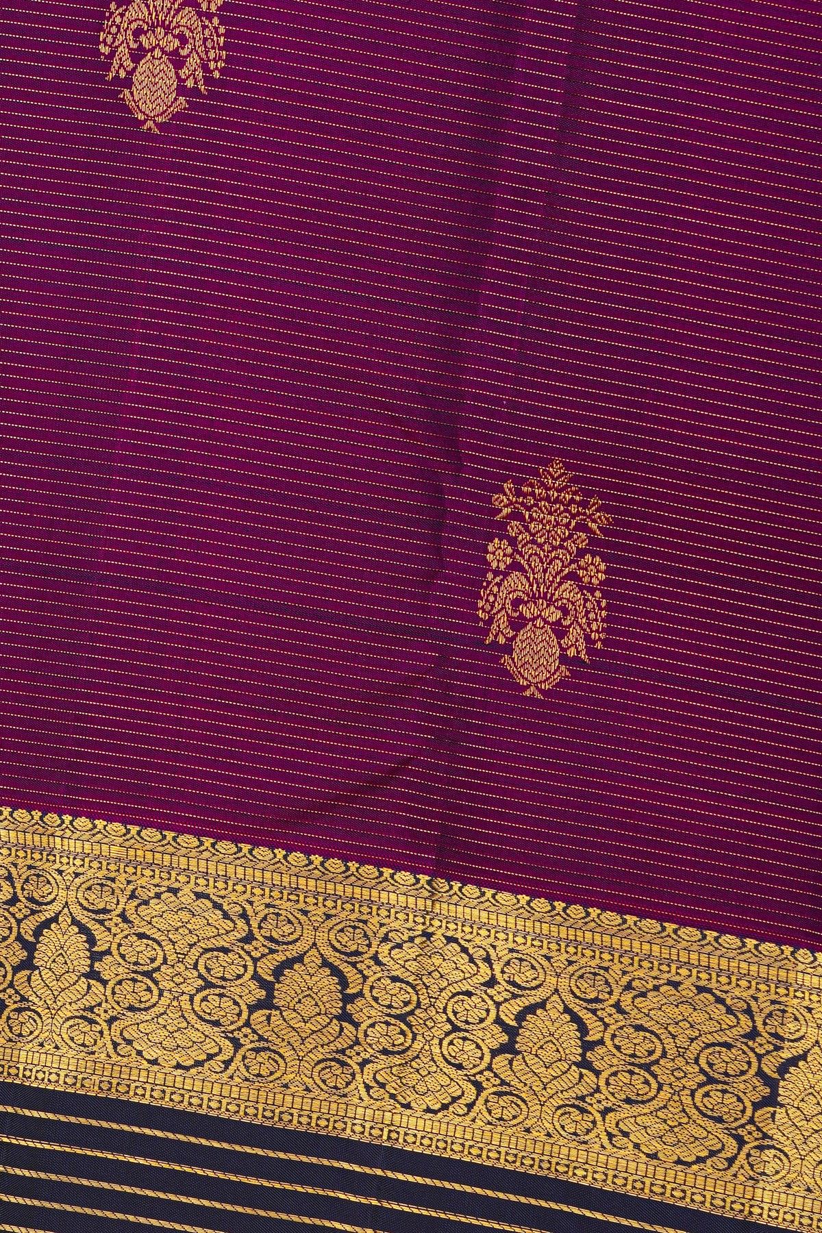 Kancheepuram Silk Purple Saree With Zari Lines Florals And Peacocks Buttis Body