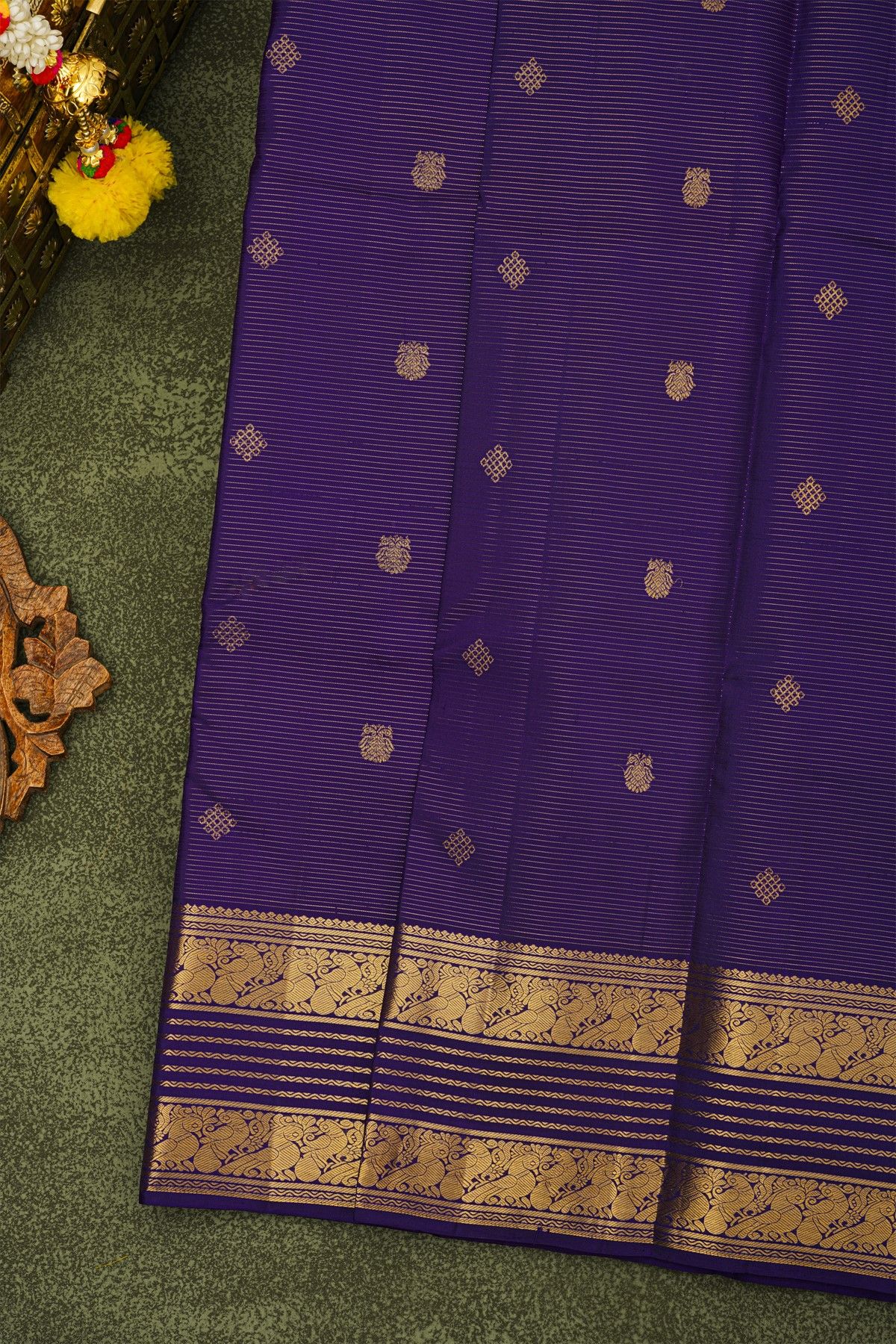 Kancheepuram Silk Royal Blue Saree With Gandaberunda Buttis In Zari Lines Body