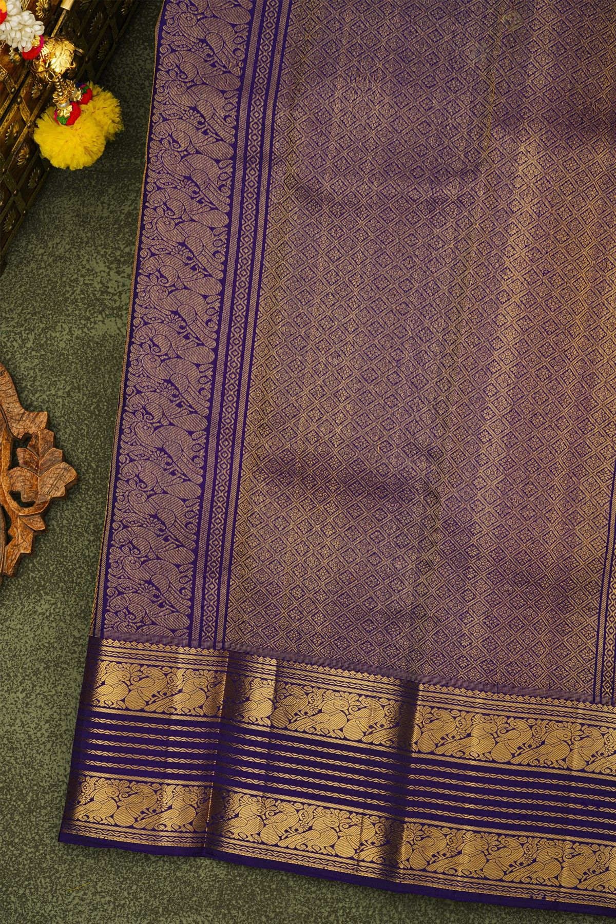 Kancheepuram Silk Royal Blue Saree With Gandaberunda Buttis In Zari Lines Body