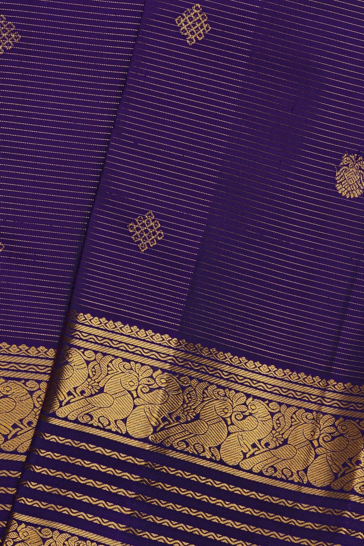 Kancheepuram Silk Royal Blue Saree With Gandaberunda Buttis In Zari Lines Body