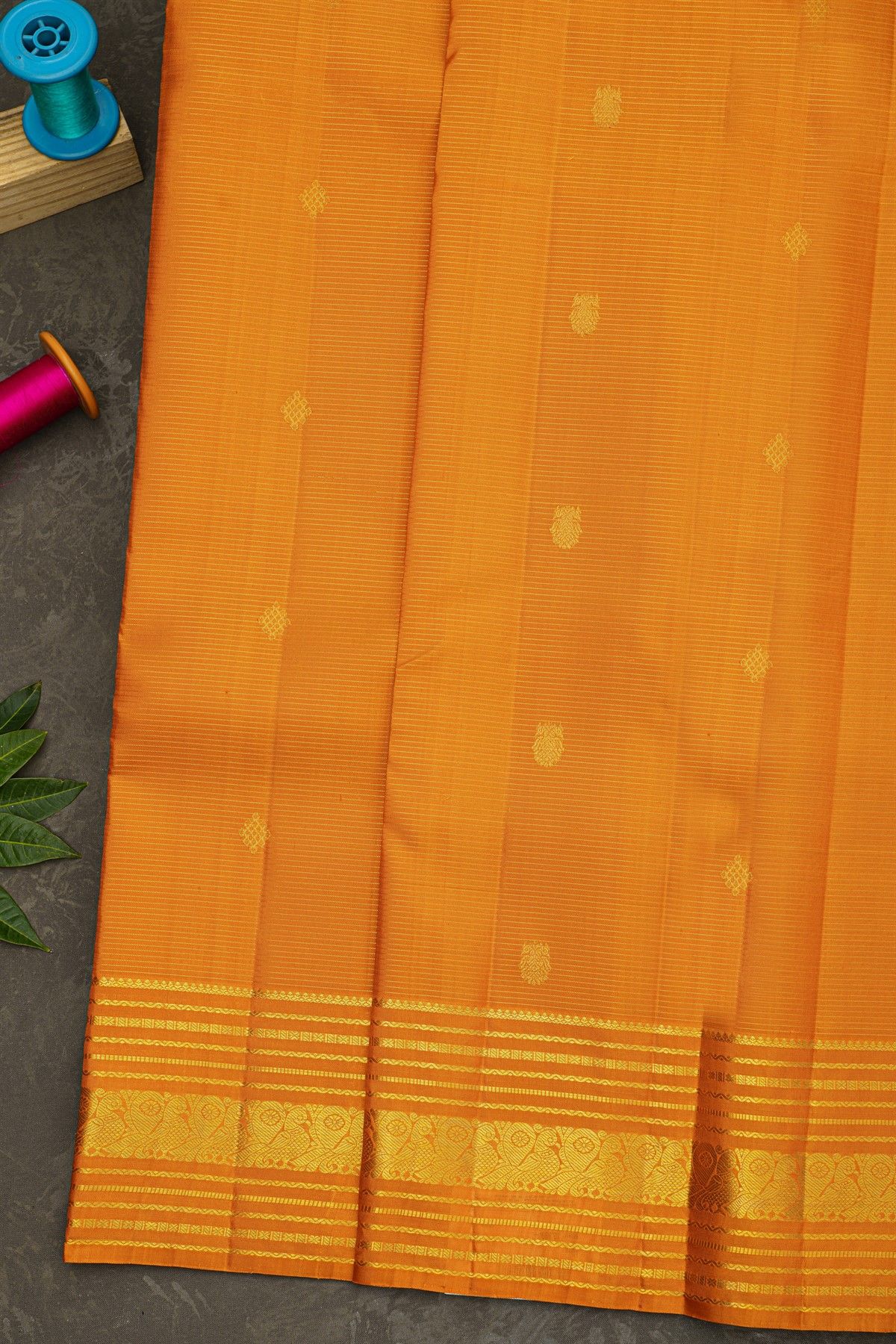 Kancheepuram Silk Mustard Saree With Vaira Oosi Floral And Gandaberunda Butti Body