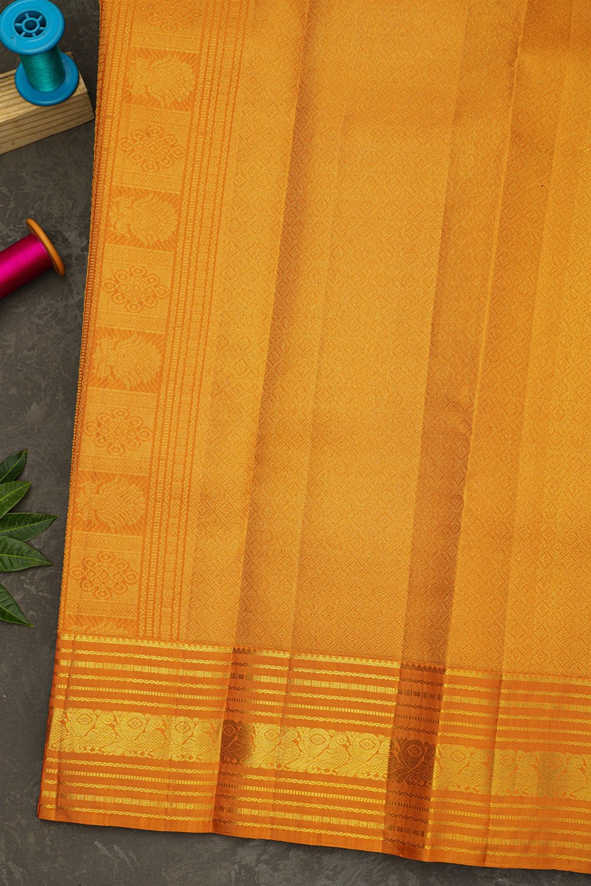 Kancheepuram Silk Mustard Saree With Vaira Oosi Floral And Gandaberunda Butti Body