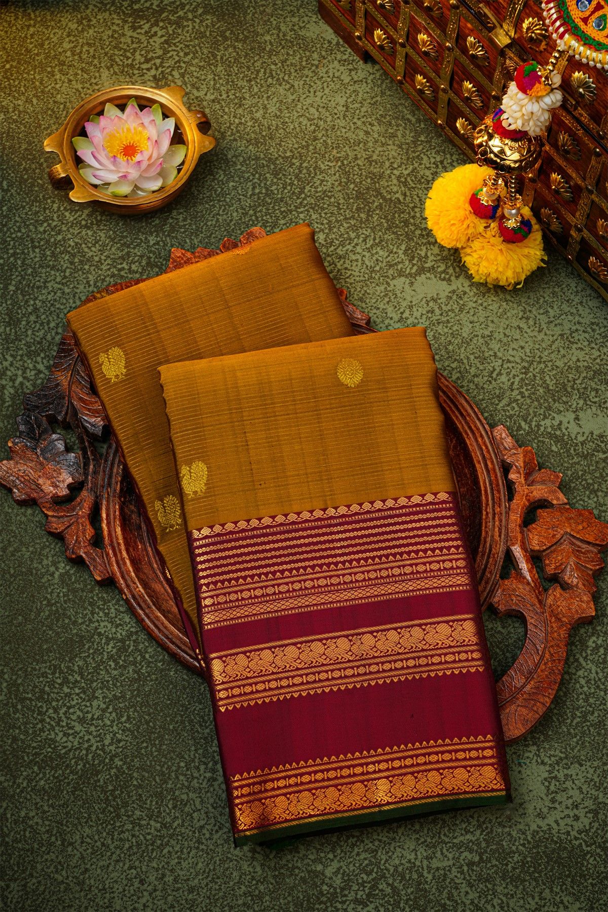 Kancheepuram Silk Mustard Yellow Saree With Zari Lines And Peacocks Buttis Body