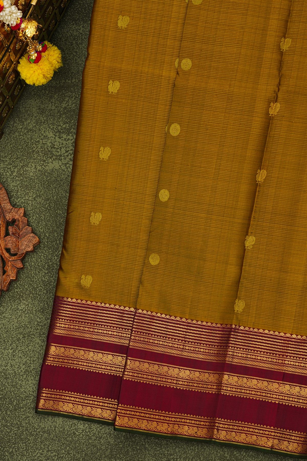 Kancheepuram Silk Mustard Yellow Saree With Zari Lines And Peacocks Buttis Body