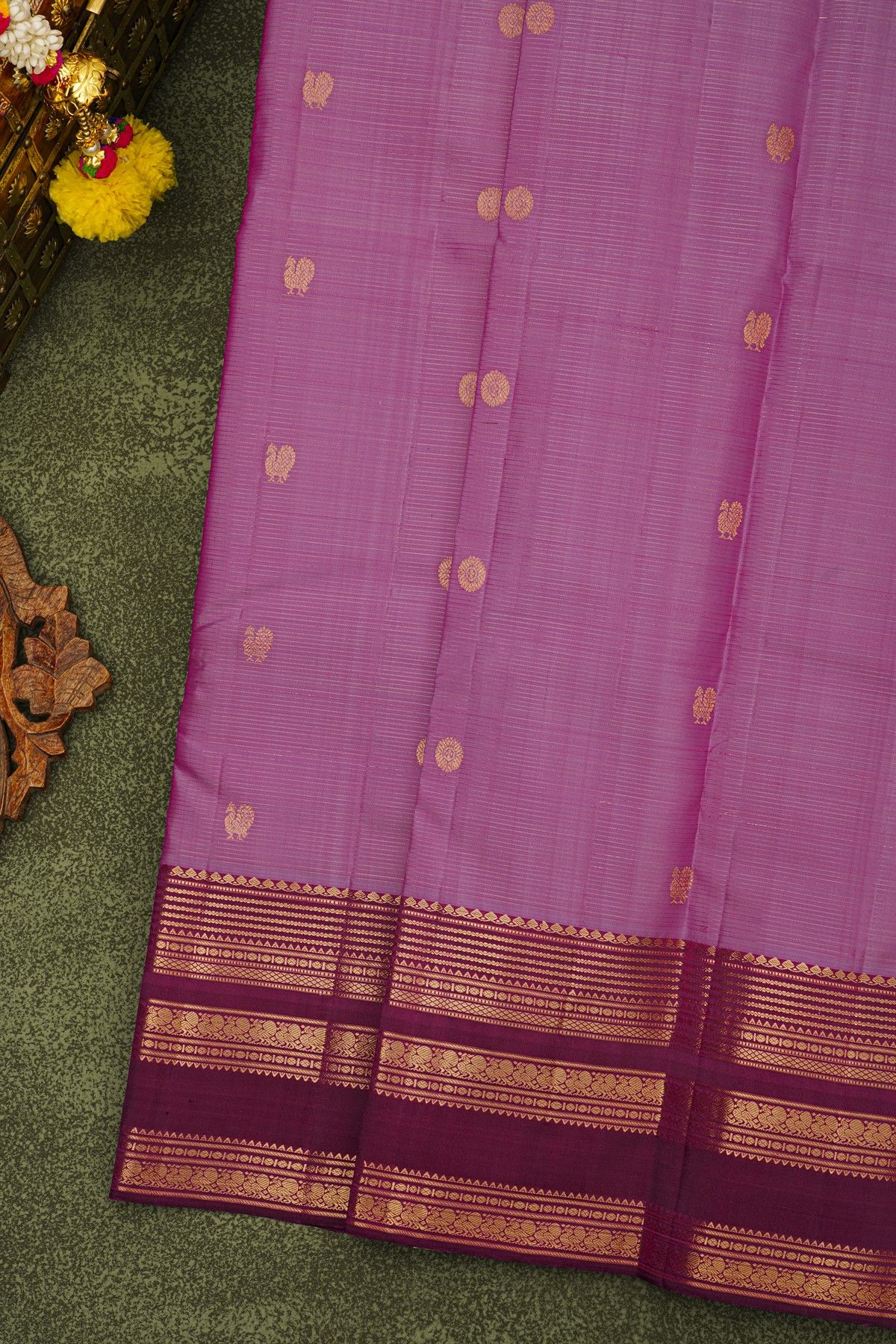 Kancheepuram Silk Pink Saree With Floral And Peacocks Buttis Body