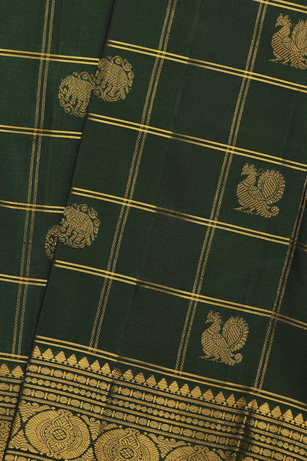 Kancheepuram Silk Bottle Green Saree With Florals And Buttis Border