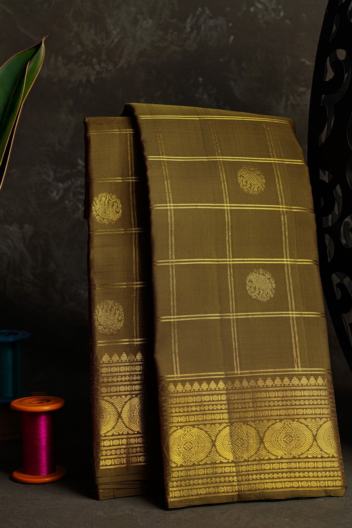 Kancheepuram Silk Mehendi Green Saree With Zari Checks Peacock And Elephant Body
