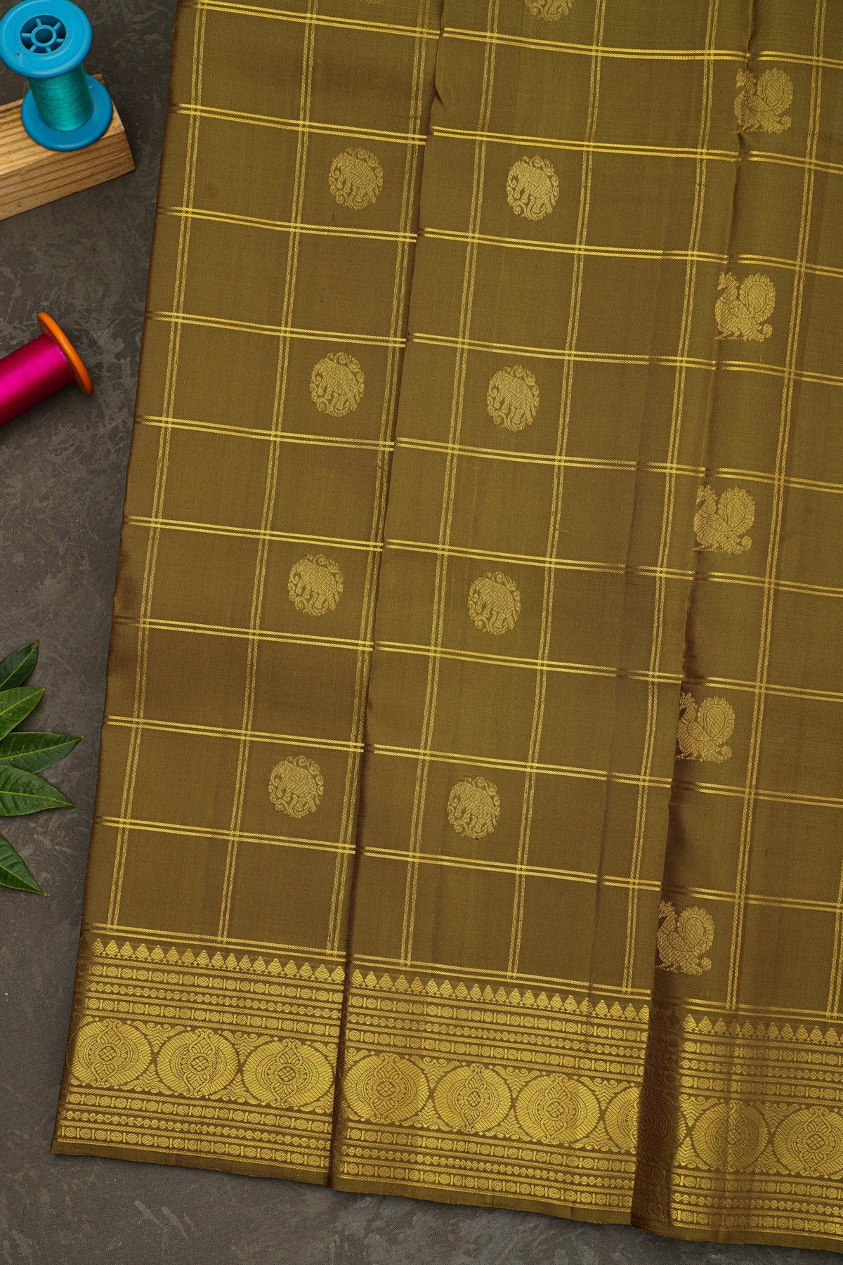 Kancheepuram Silk Mehendi Green Saree With Zari Checks Peacock And Elephant Body