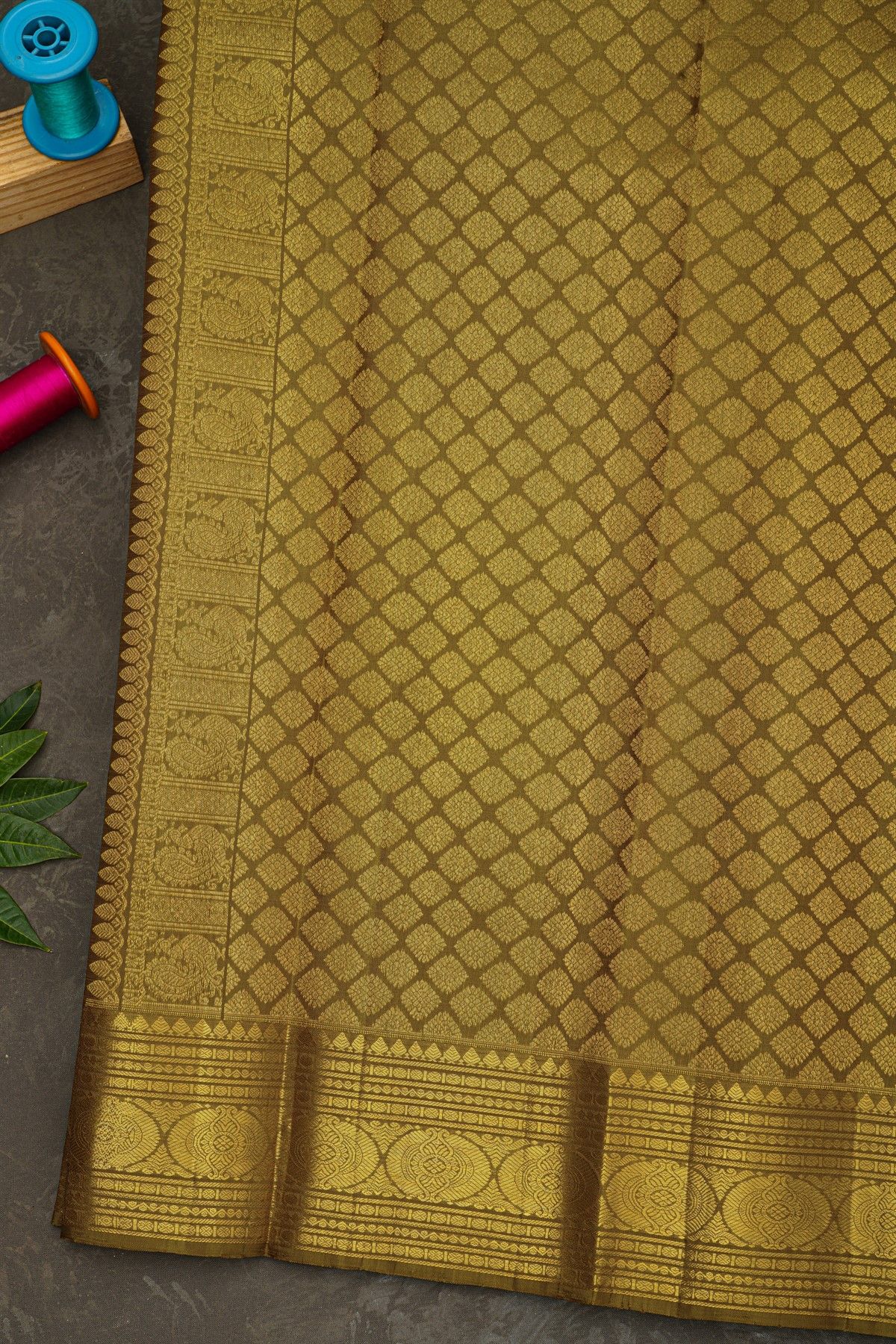 Kancheepuram Silk Mehendi Green Saree With Zari Checks Peacock And Elephant Body