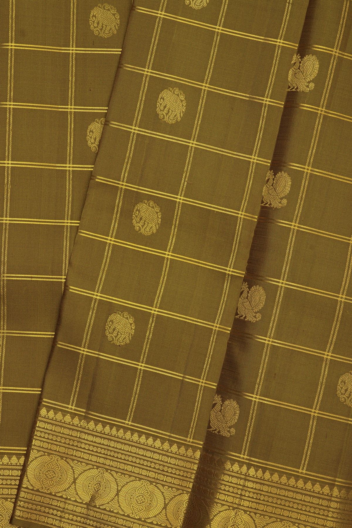 Kancheepuram Silk Mehendi Green Saree With Zari Checks Peacock And Elephant Body
