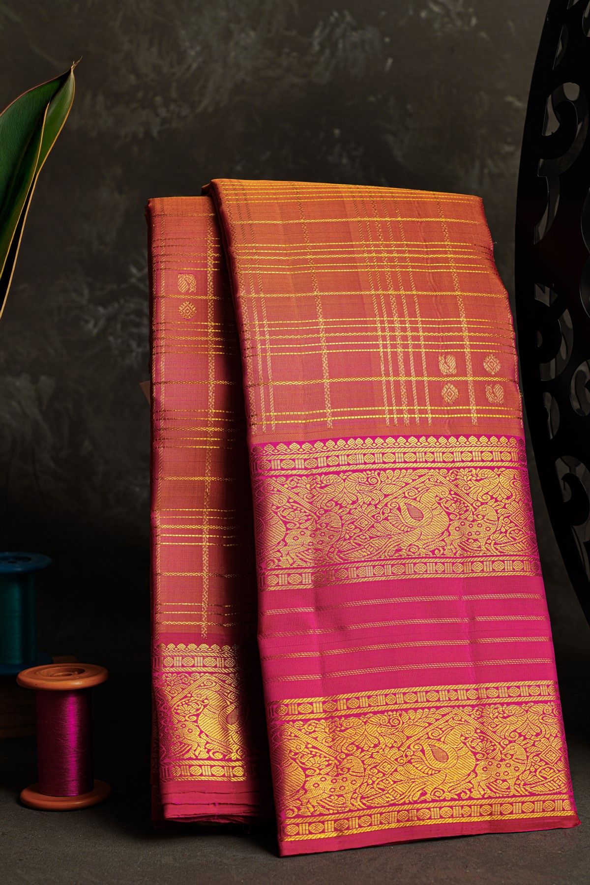 Kancheepuram Silk Peach Pink Saree With Peacock Butti Checks Body