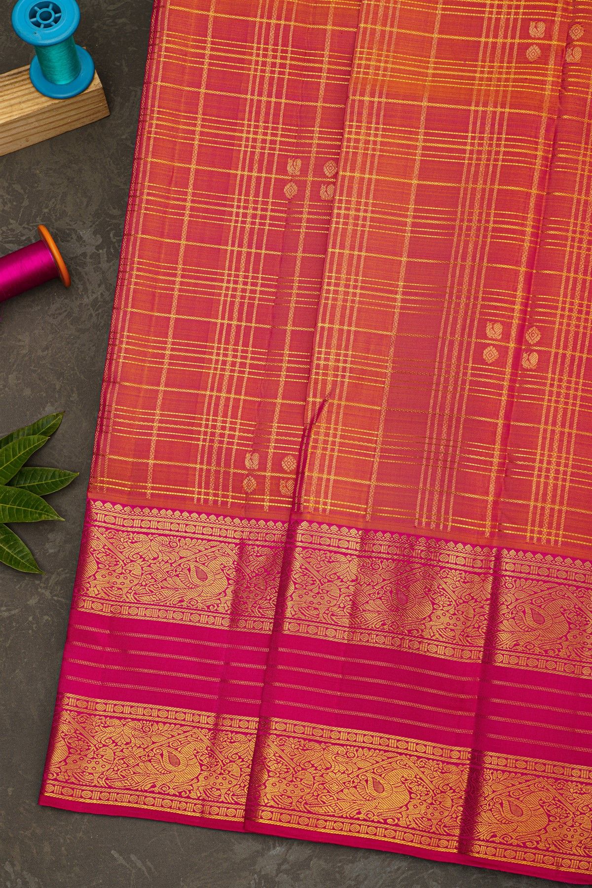 Kancheepuram Silk Peach Pink Saree With Peacock Butti Checks Body