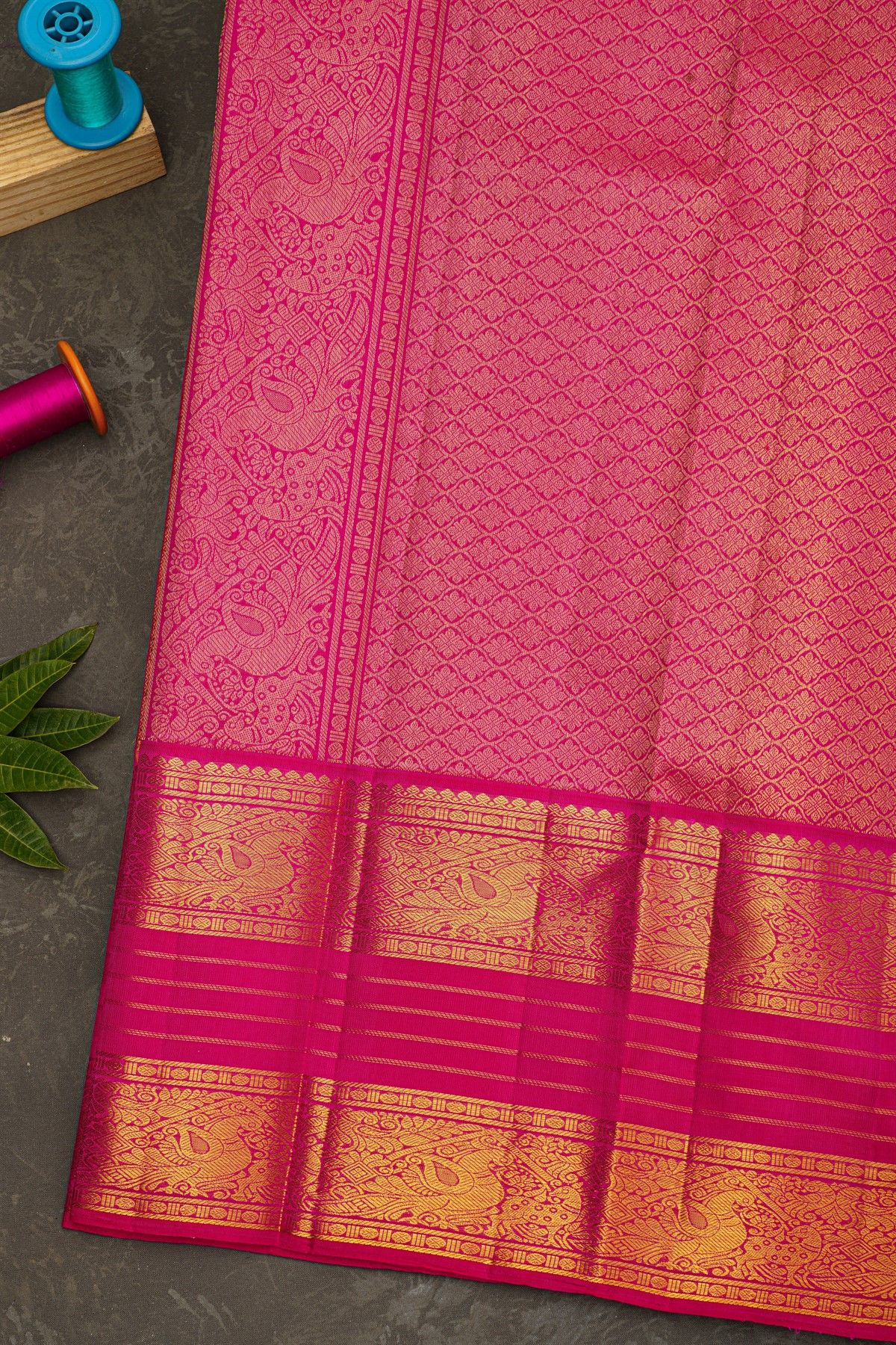 Kancheepuram Silk Peach Pink Saree With Peacock Butti Checks Body