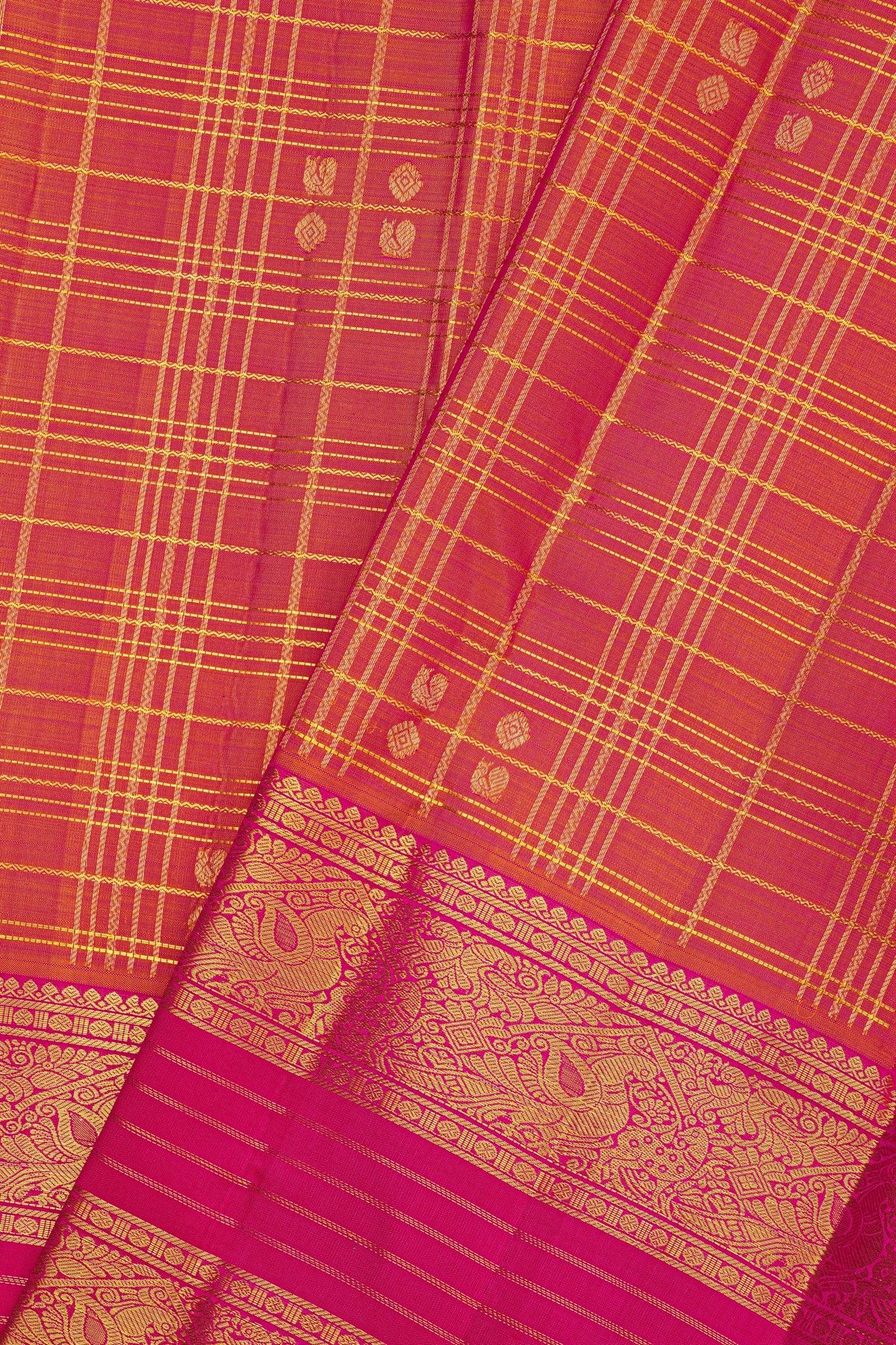 Kancheepuram Silk Peach Pink Saree With Peacock Butti Checks Body