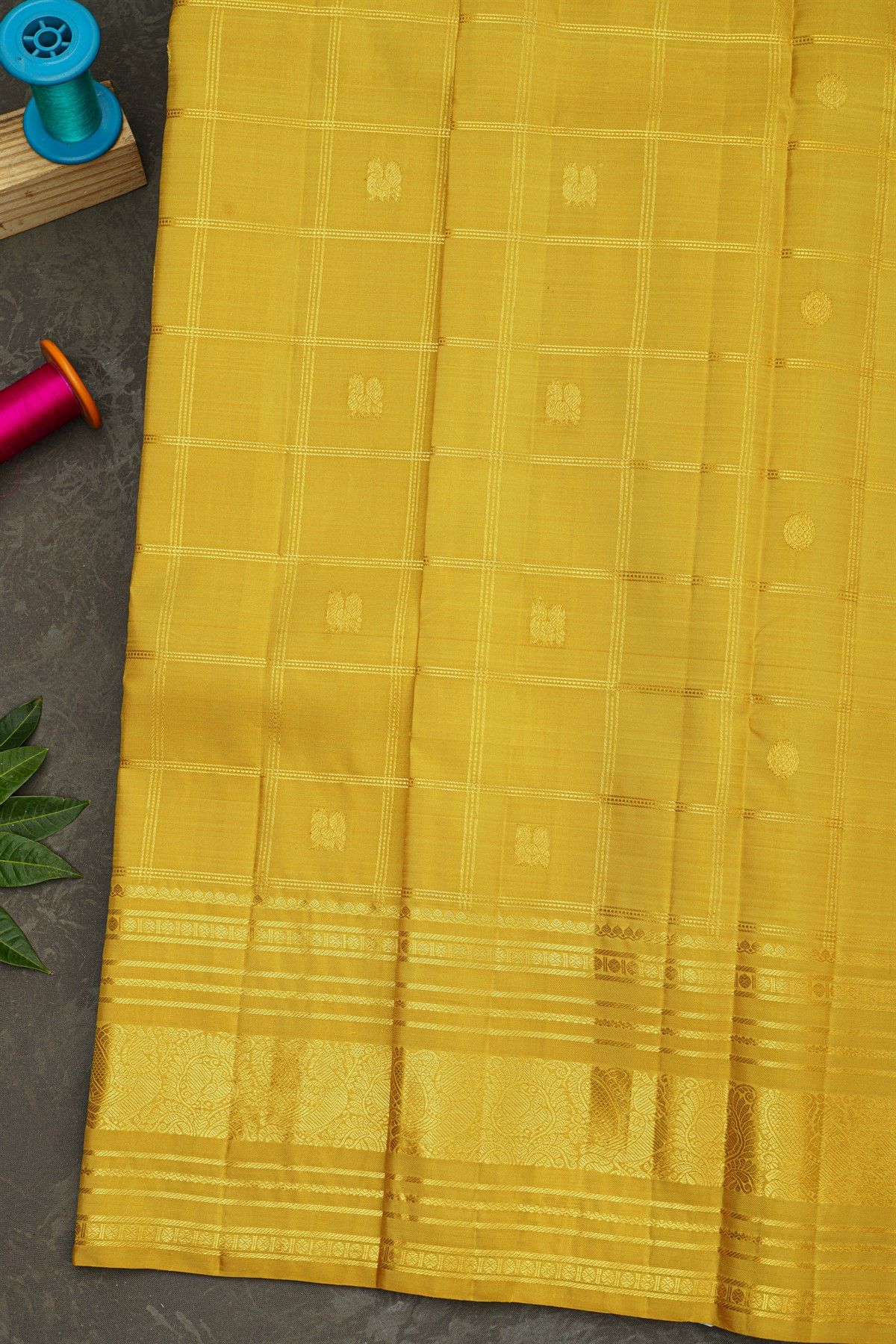 Kancheepuram Silk Mustard Yellow Saree With Peacock And Floral Border