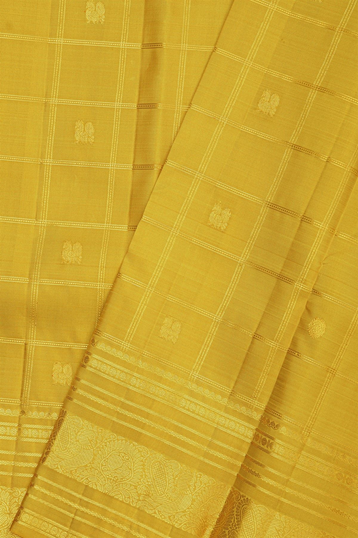 Kancheepuram Silk Mustard Yellow Saree With Peacock And Floral Border