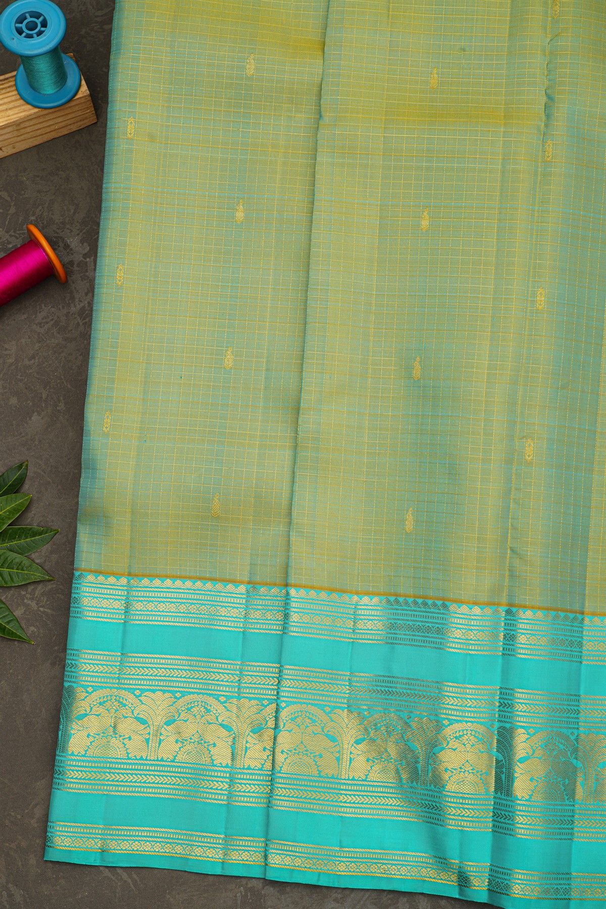 Kancheepuram Silk Dual Colour Saree With Floral And Peacock Border