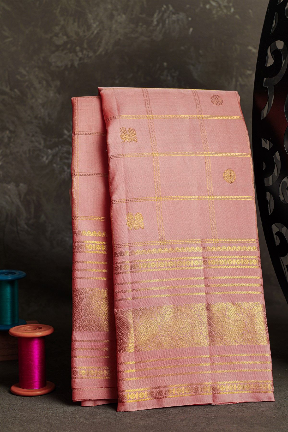 Kancheepuram Silk Baby Pink Saree With Zari Checks Floral And Peacock Body