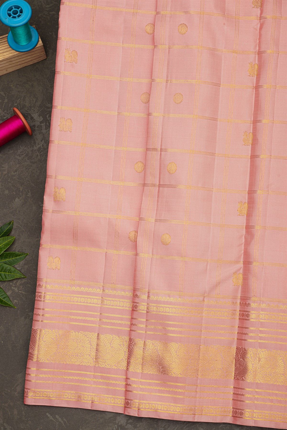 Kancheepuram Silk Baby Pink Saree With Zari Checks Floral And Peacock Body