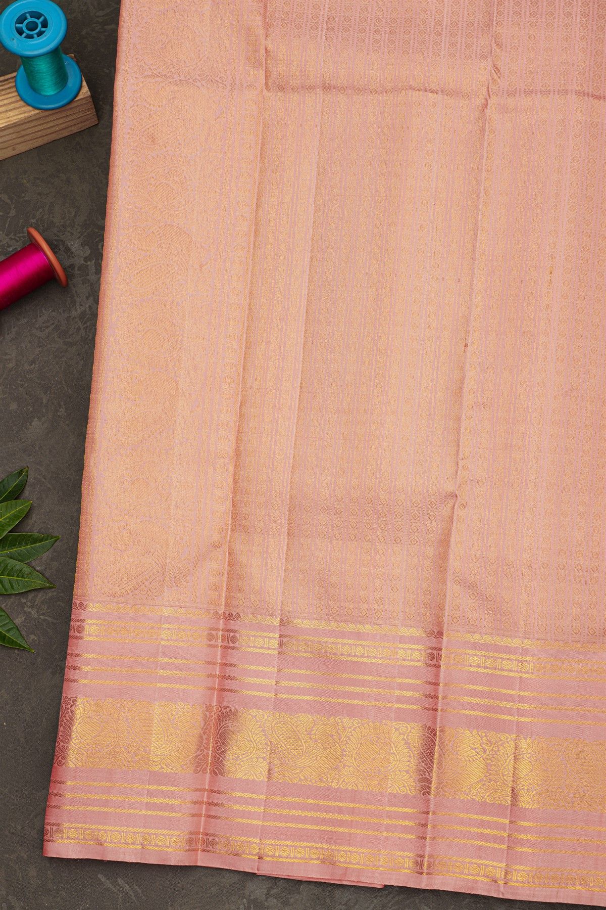 Kancheepuram Silk Baby Pink Saree With Zari Checks Floral And Peacock Body