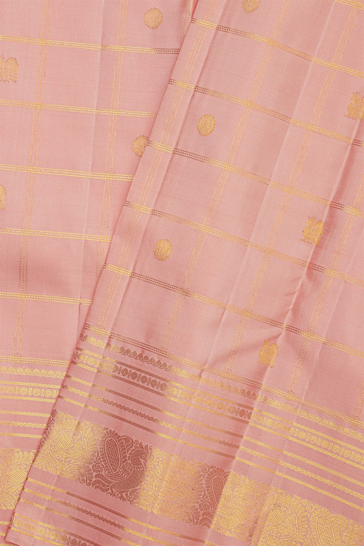 Kancheepuram Silk Baby Pink Saree With Zari Checks Floral And Peacock Body
