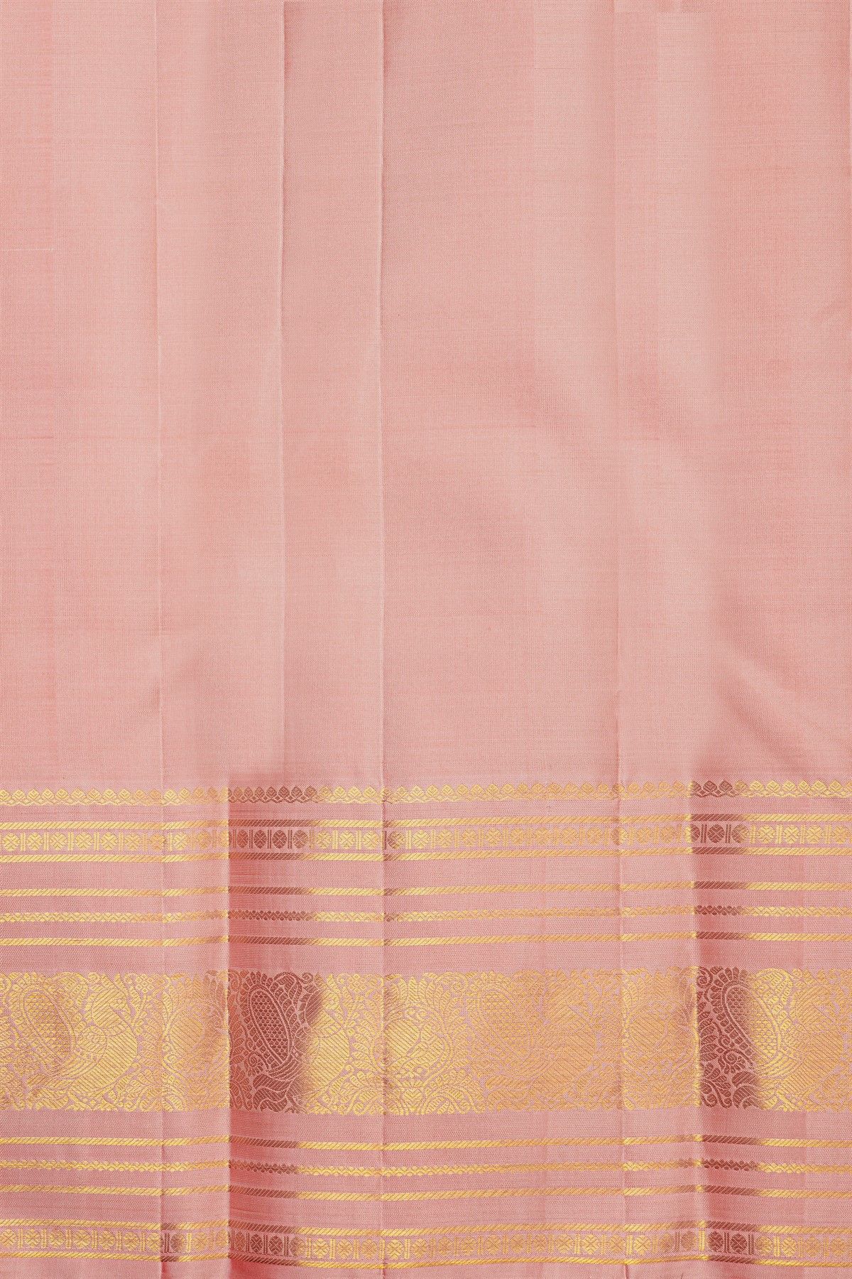 Kancheepuram Silk Baby Pink Saree With Zari Checks Floral And Peacock Body