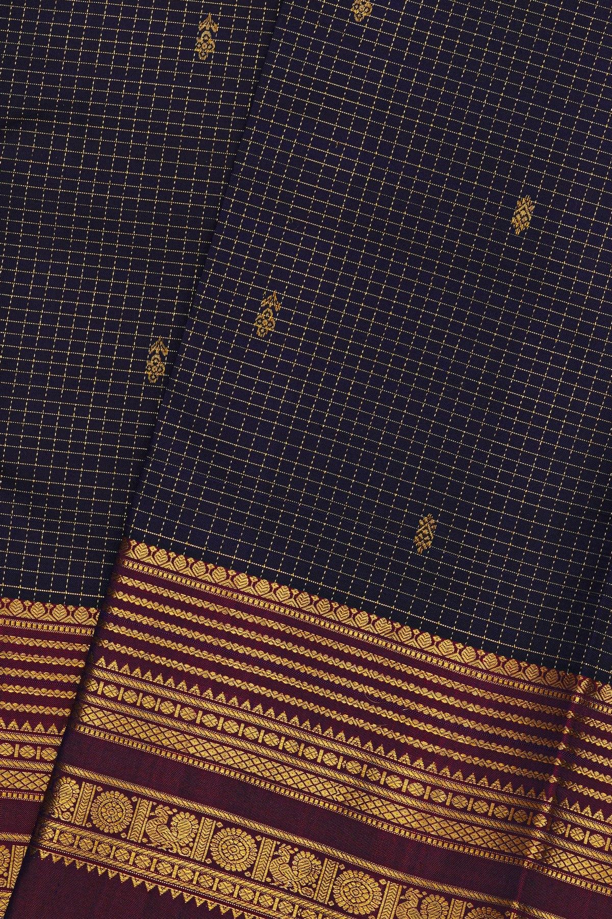 Kancheepuram Silk Navy Blue Saree With Zari Checks And Florals Buttis Body