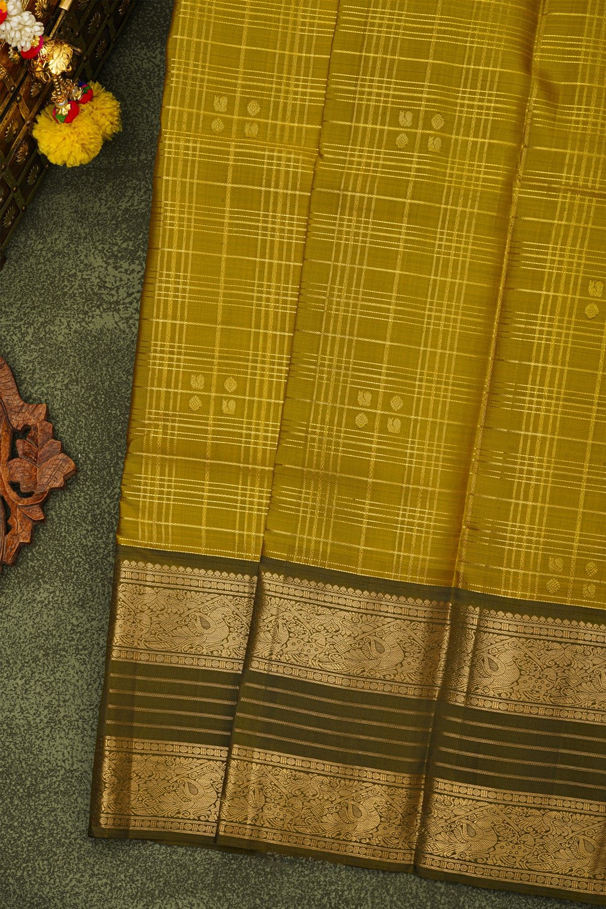 Kancheepuram Silk Mustard Yellow Saree With Zari Checks Florals And Peacocks Buttis Body