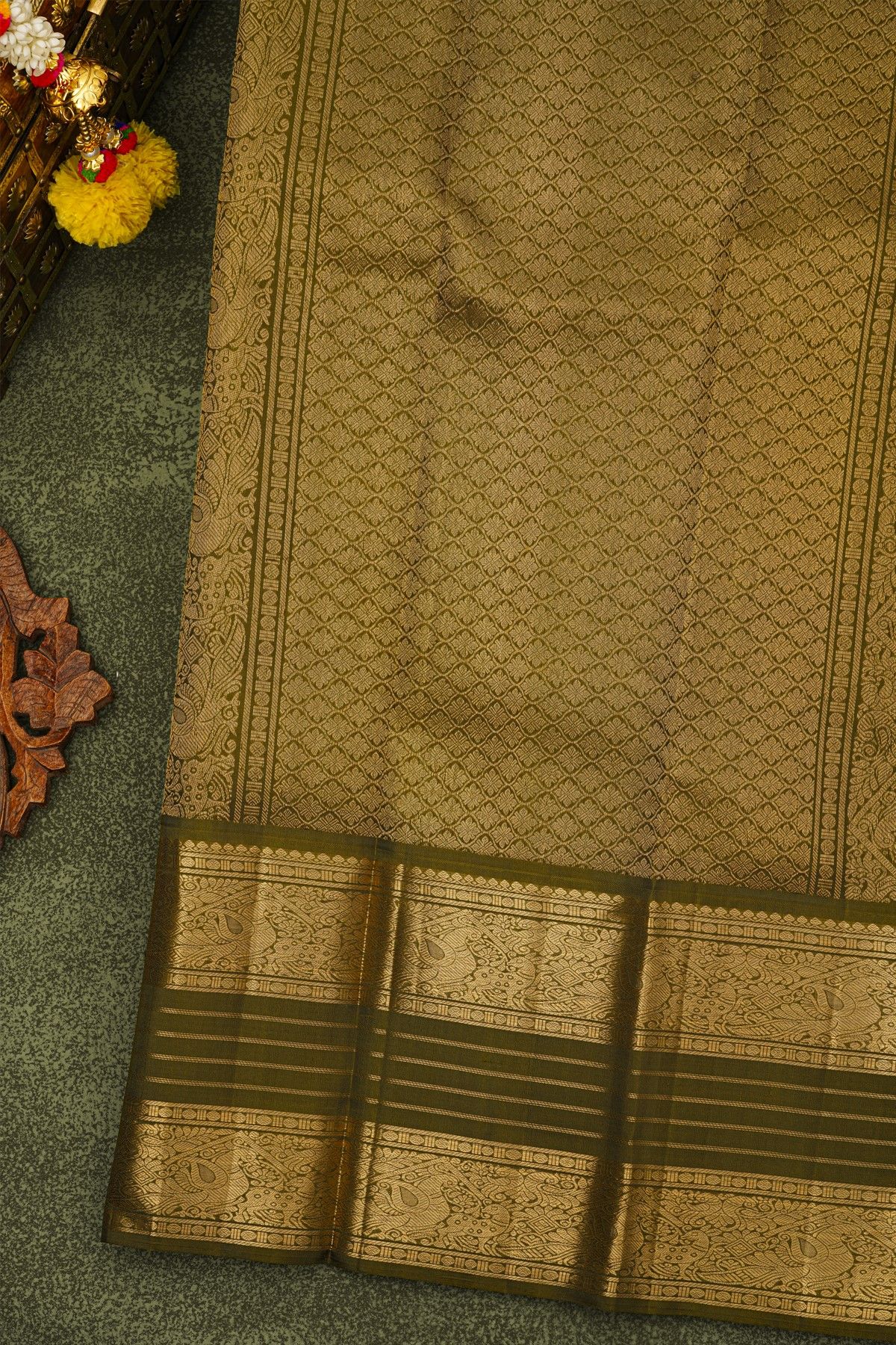 Kancheepuram Silk Mustard Yellow Saree With Zari Checks Florals And Peacocks Buttis Body