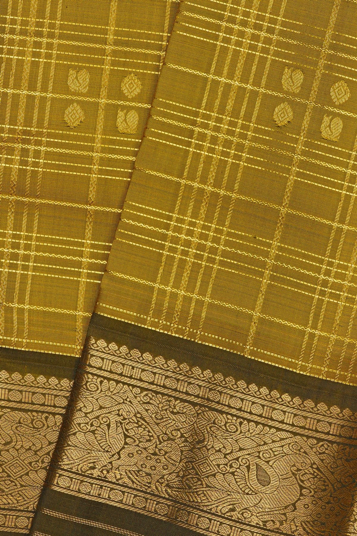 Kancheepuram Silk Mustard Yellow Saree With Zari Checks Florals And Peacocks Buttis Body