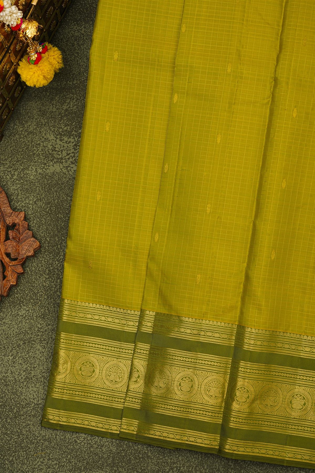 Kancheepuram Silk Lime Green Saree With Zari Checks And Floral Buttis Body
