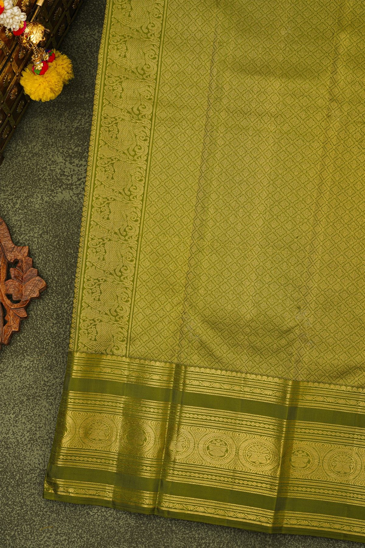 Kancheepuram Silk Lime Green Saree With Zari Checks And Floral Buttis Body