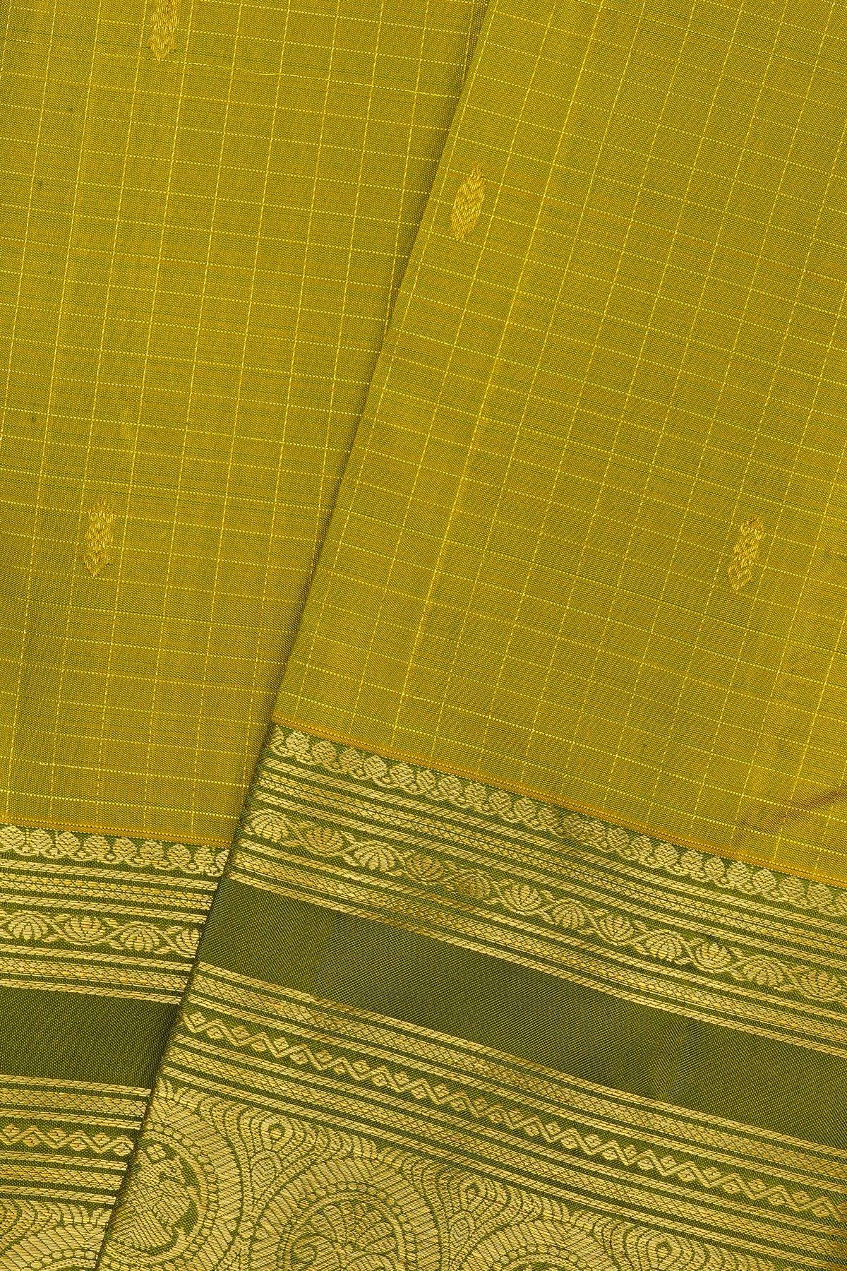 Kancheepuram Silk Lime Green Saree With Zari Checks And Floral Buttis Body