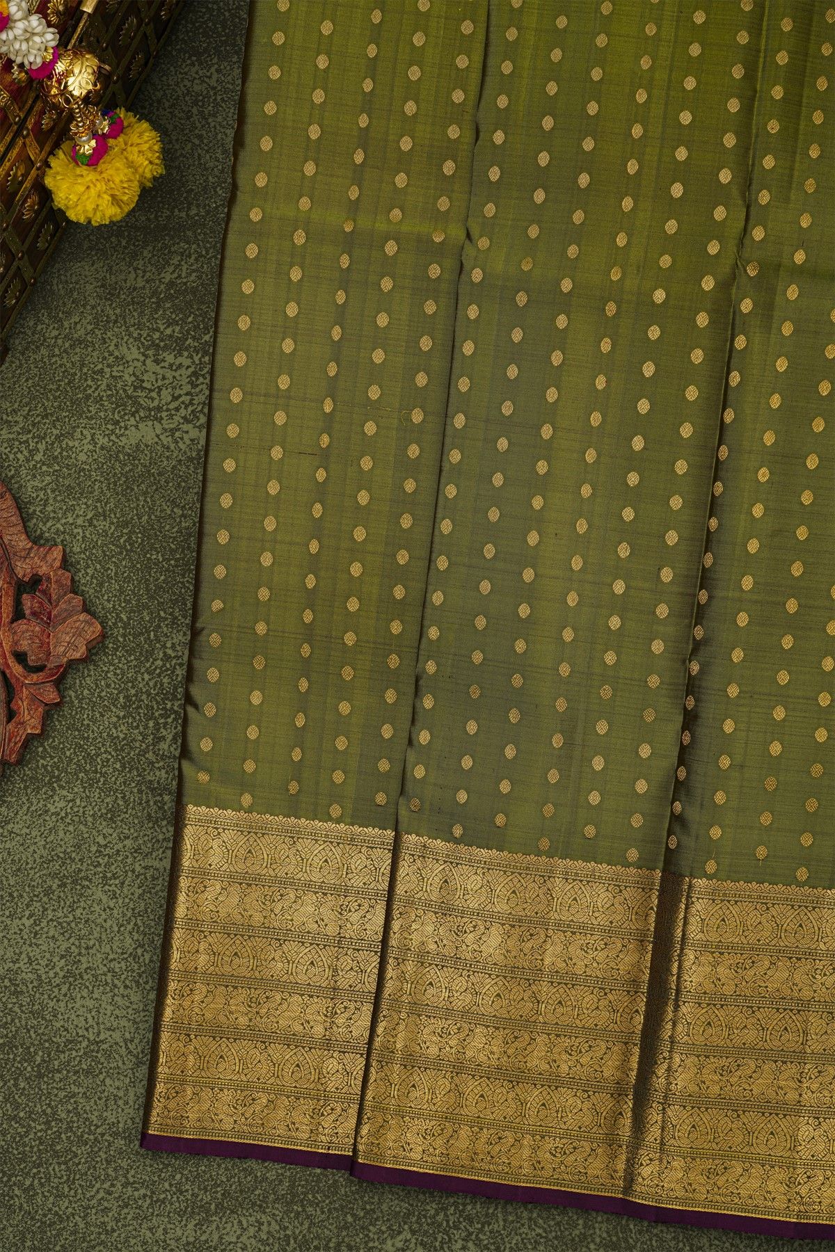 Kancheepuram Silk Mehendi Green Saree With Florals And Buttis Body