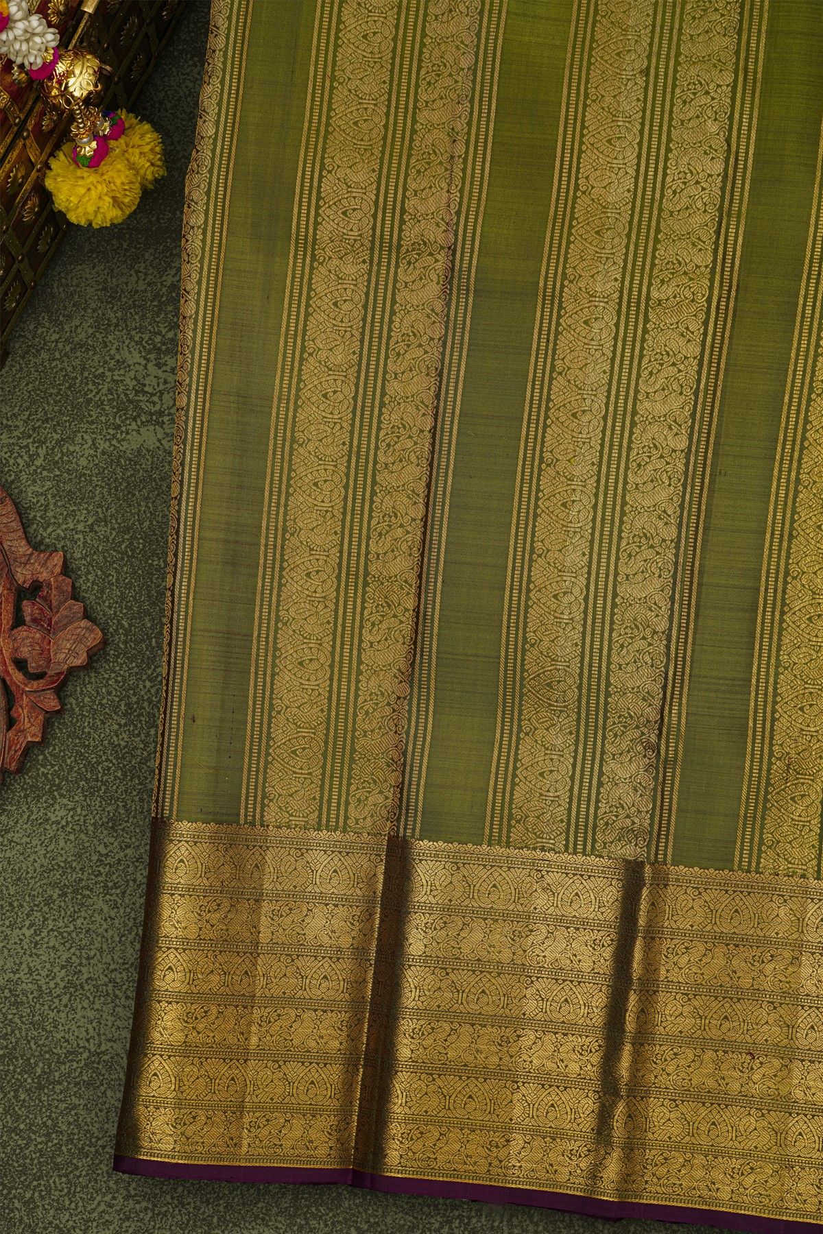 Kancheepuram Silk Mehendi Green Saree With Florals And Buttis Body