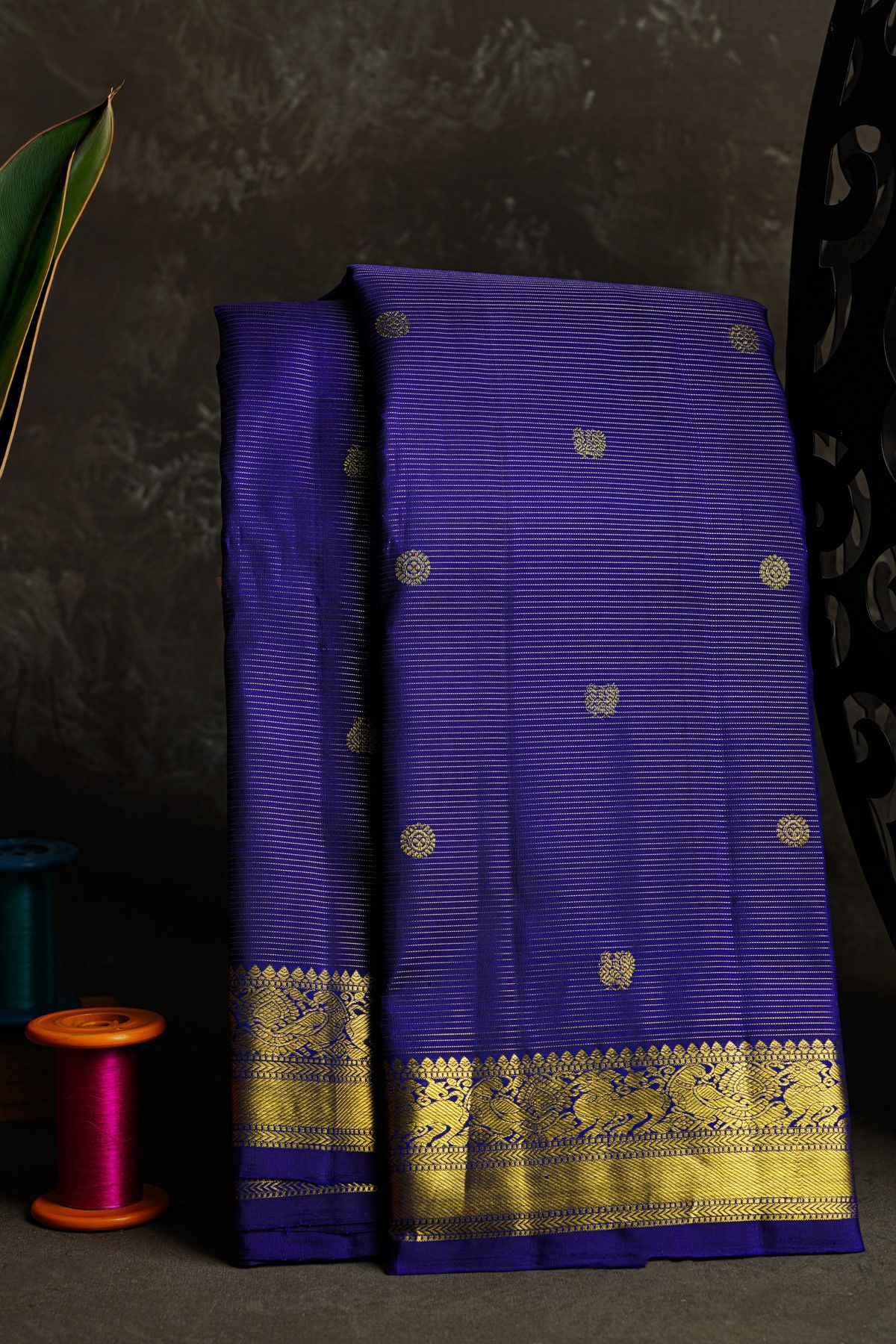 Kancheepuram Silk Royal Blue Saree With Zari Cross Lines Peacocks And Yali Border