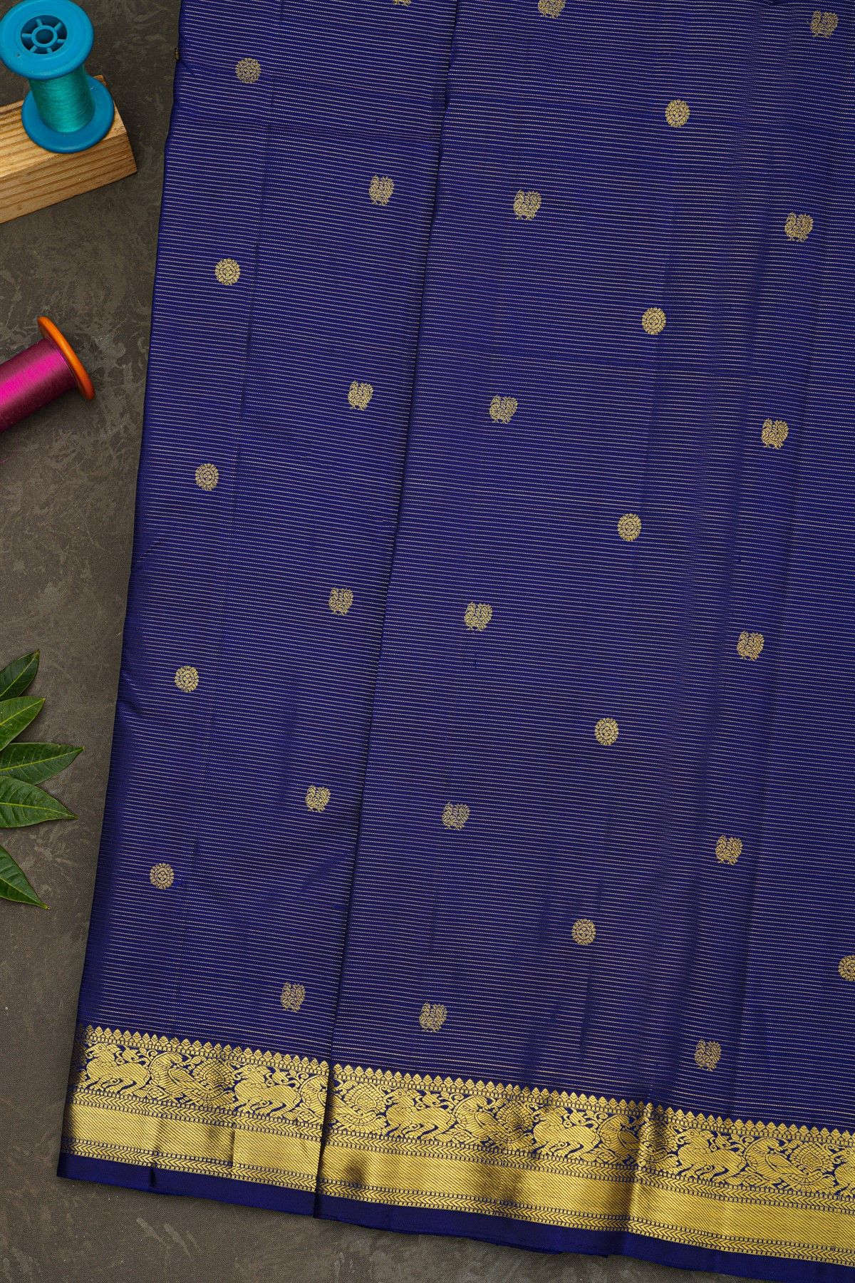 Kancheepuram Silk Royal Blue Saree With Zari Cross Lines Peacocks And Yali Border