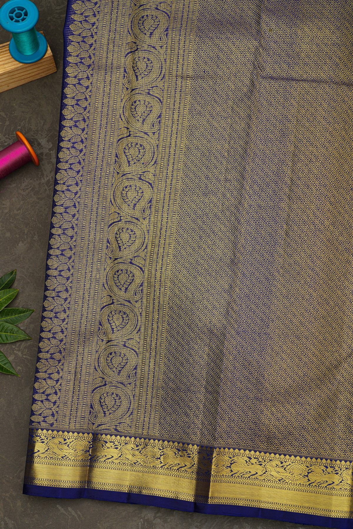 Kancheepuram Silk Royal Blue Saree With Zari Cross Lines Peacocks And Yali Border