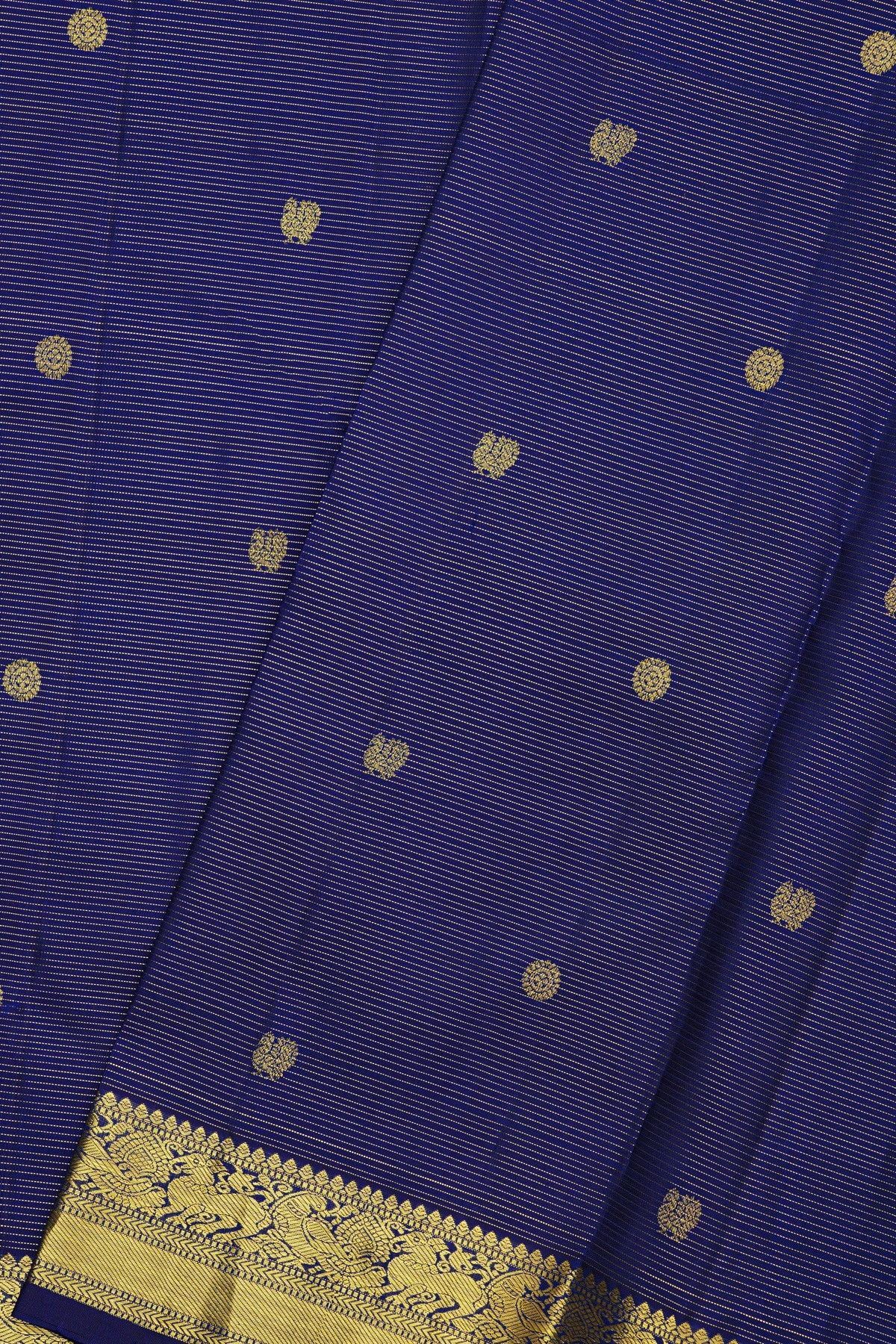 Kancheepuram Silk Royal Blue Saree With Zari Cross Lines Peacocks And Yali Border