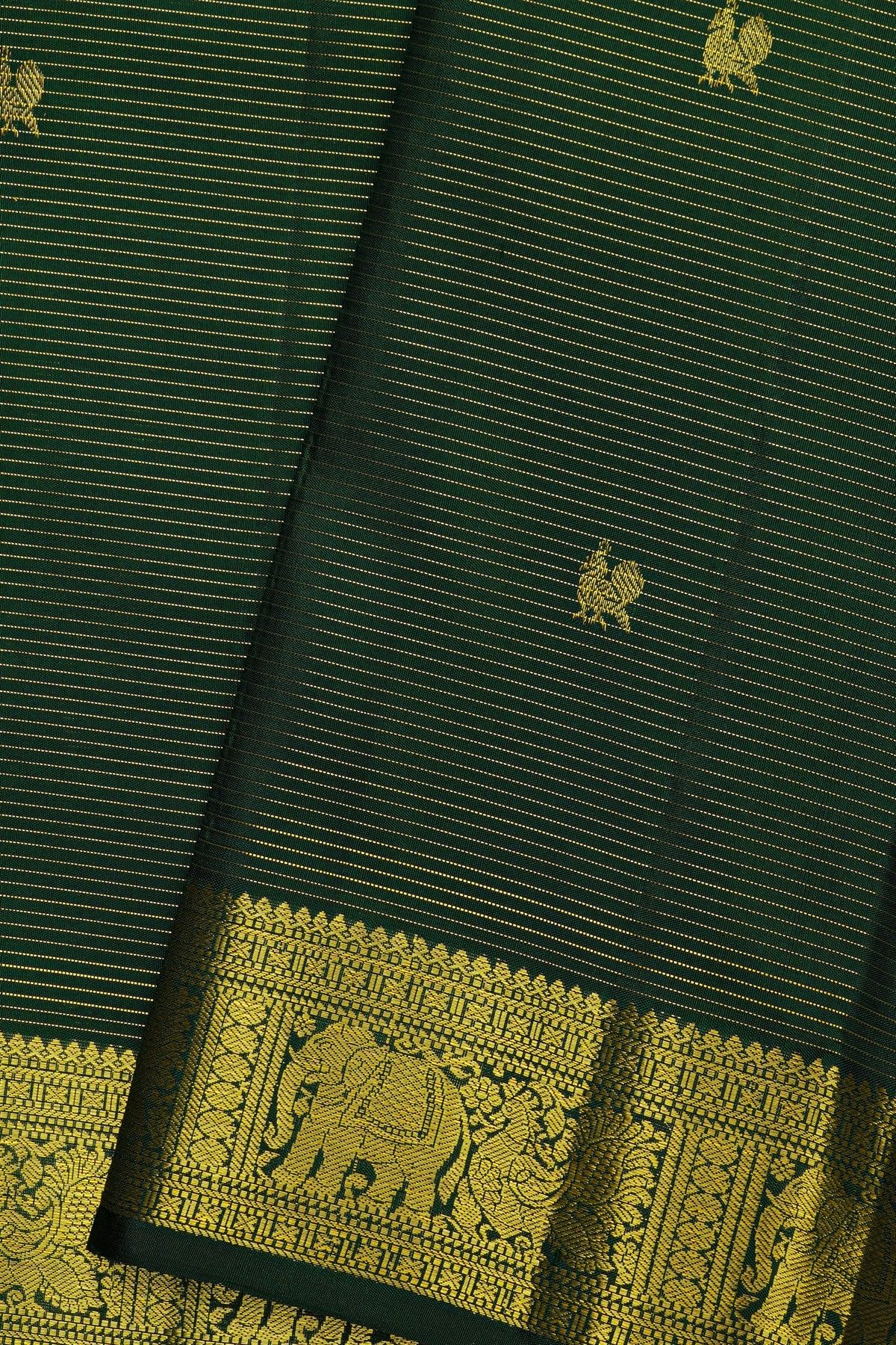 Kancheepuram Silk Bottle Green Saree With Zari Lines And Buttis Body