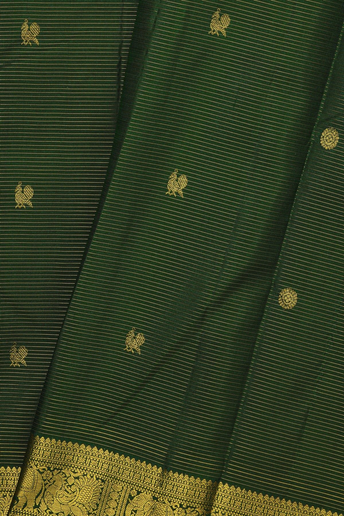 Kancheepuram Silk Bottle Green Saree With Zari Lines And Floral Peacock Buttis Body