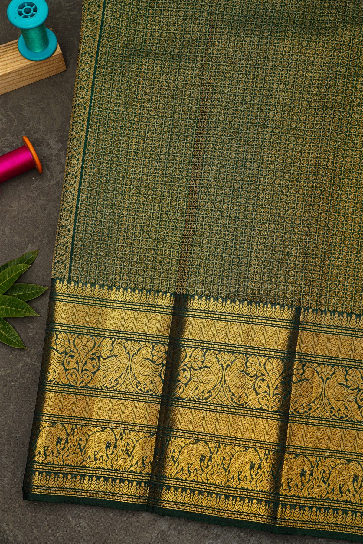 Kancheepuram Silk Bottle Green Saree With Zari Checks And Florals Buttis Body