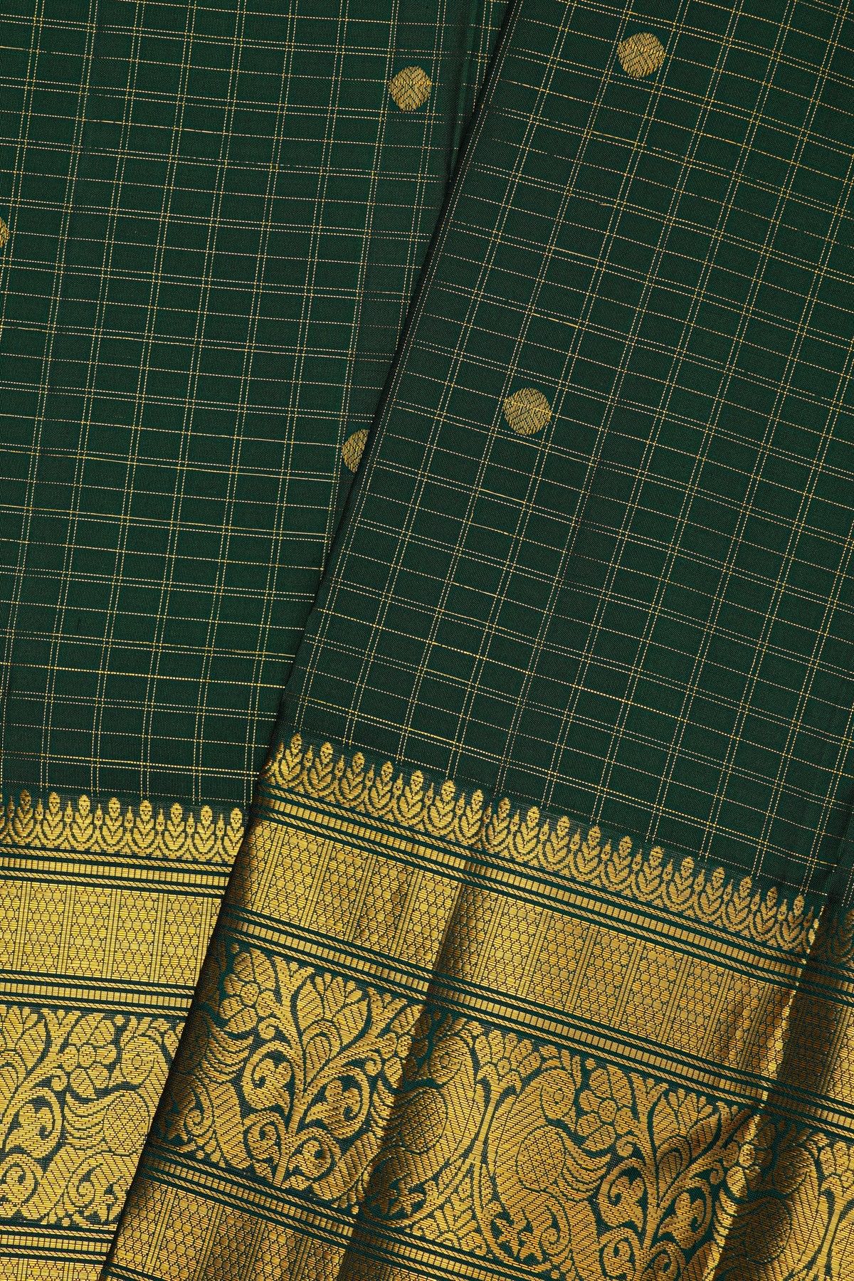 Kancheepuram Silk Bottle Green Saree With Zari Checks And Florals Buttis Body