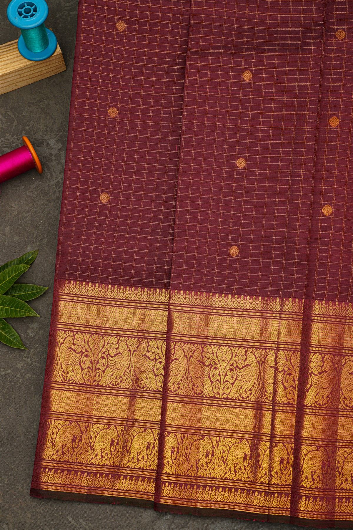 Kancheepuram Silk Dark Maroon Saree With Zari Checks And Rudraksha Buttis Body