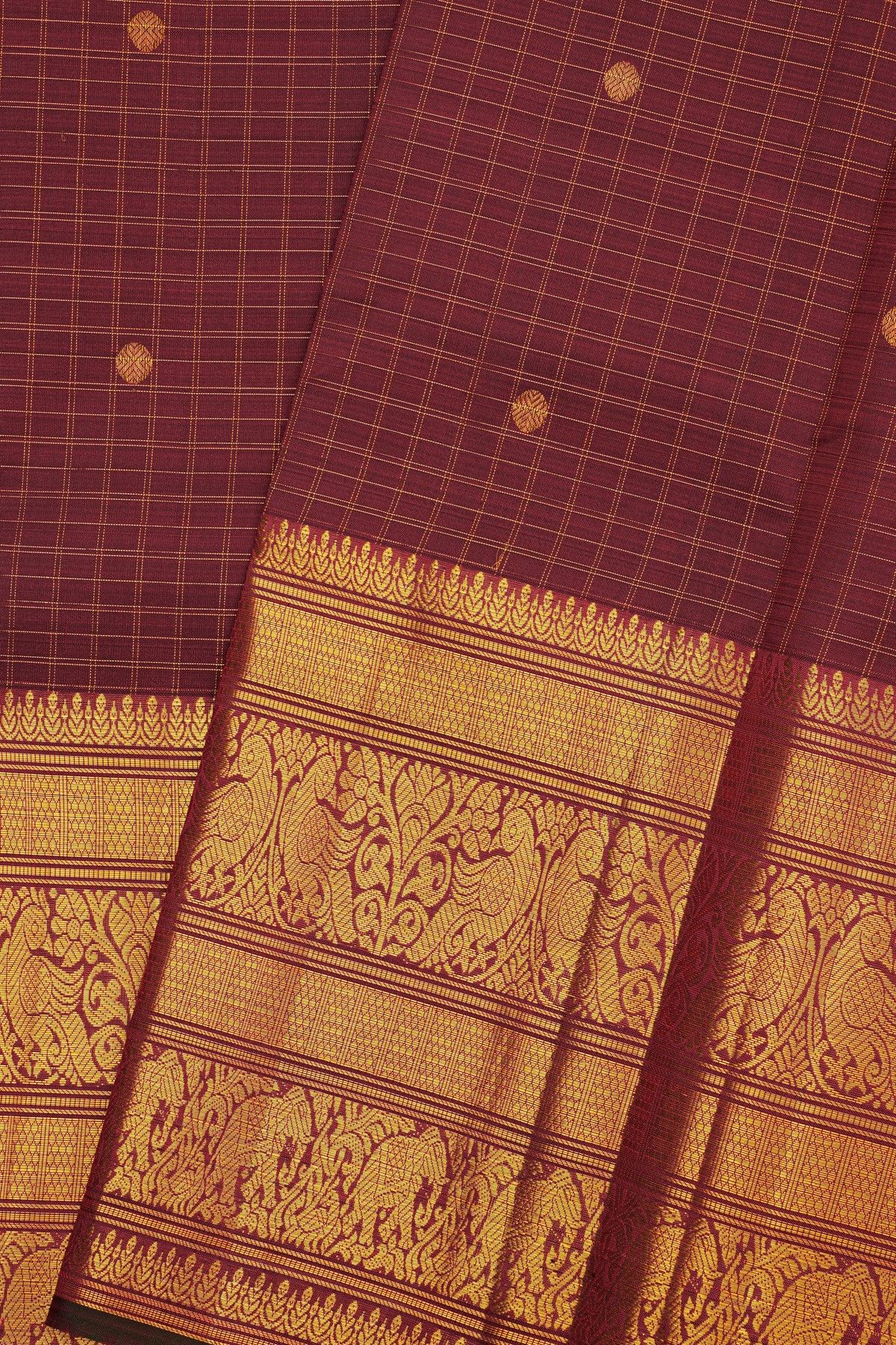 Kancheepuram Silk Dark Maroon Saree With Zari Checks And Rudraksha Buttis Body