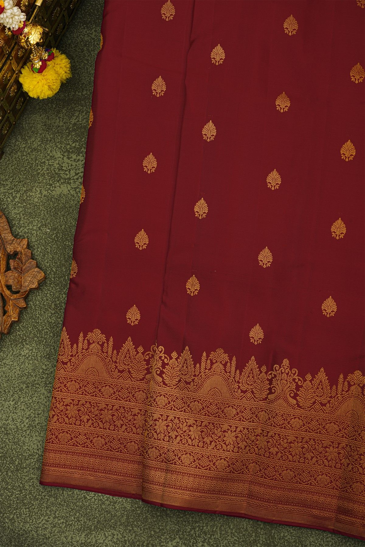Kancheepuram Silk Maroon Saree With Florals Turning Border