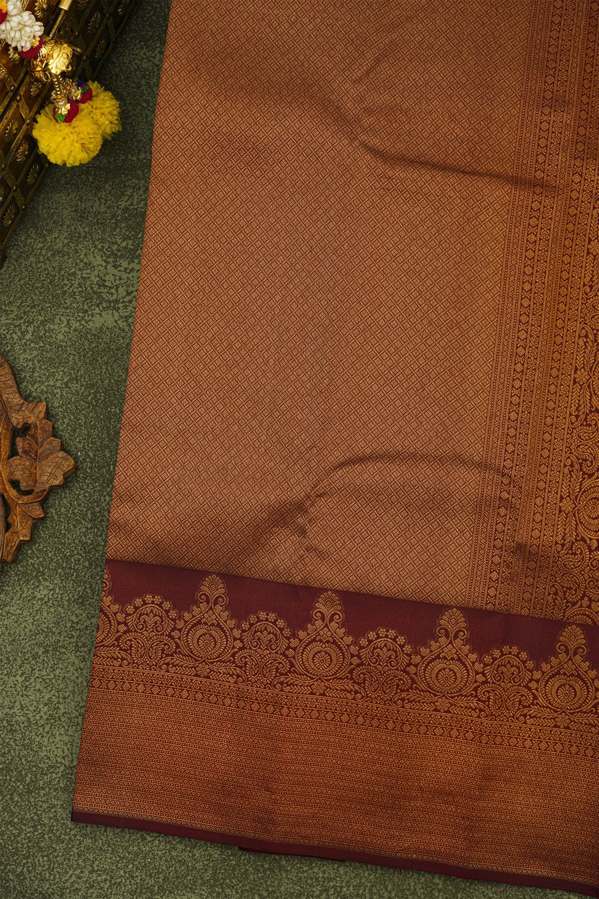 Kancheepuram Silk Dark Maroon Saree With Zari Diamond And Floral Leaf Border